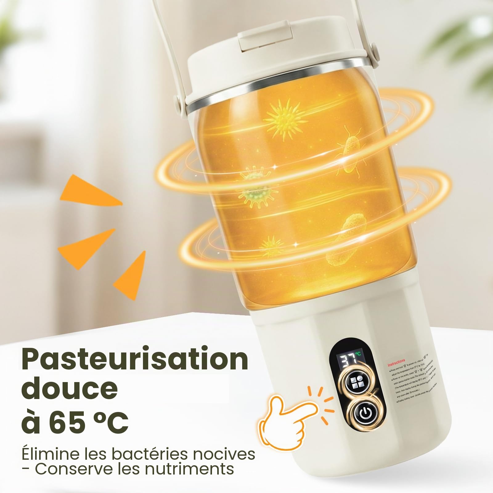 Chauffe Biberon - chauffe biberon nomade 2-en-1 : chauffage rapide du lait maternel et de l'eau, pasteurisation, température constante 24 heures sur 24 pour toute la journée (Beige)