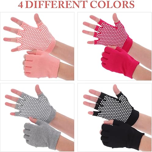 Miniatura 8 de 4 pares de guantes antideslizantes de yoga y pilato, guantes de ballet de medio dedo con empuñaduras de muñeca, guantes de algodón para mujer,
