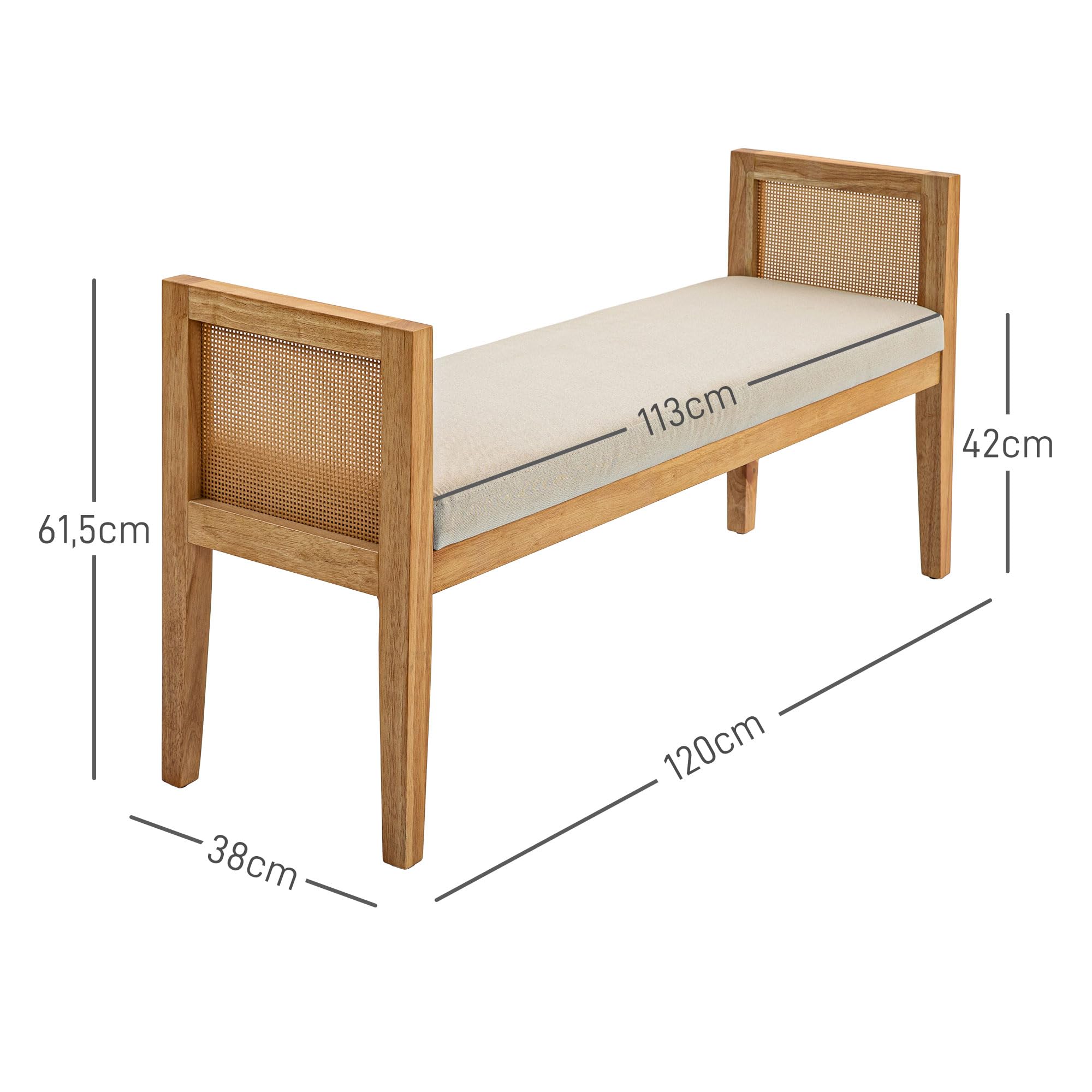 HOMCOM Banc Bout de lit, Banc d'entrée, accoudoirs en rotin et Cadre en Bois Massif, Assise rembourrée en Tissu Aspect Lin, Bout de lit pour Chambre, Salon, Design Moderne, crème