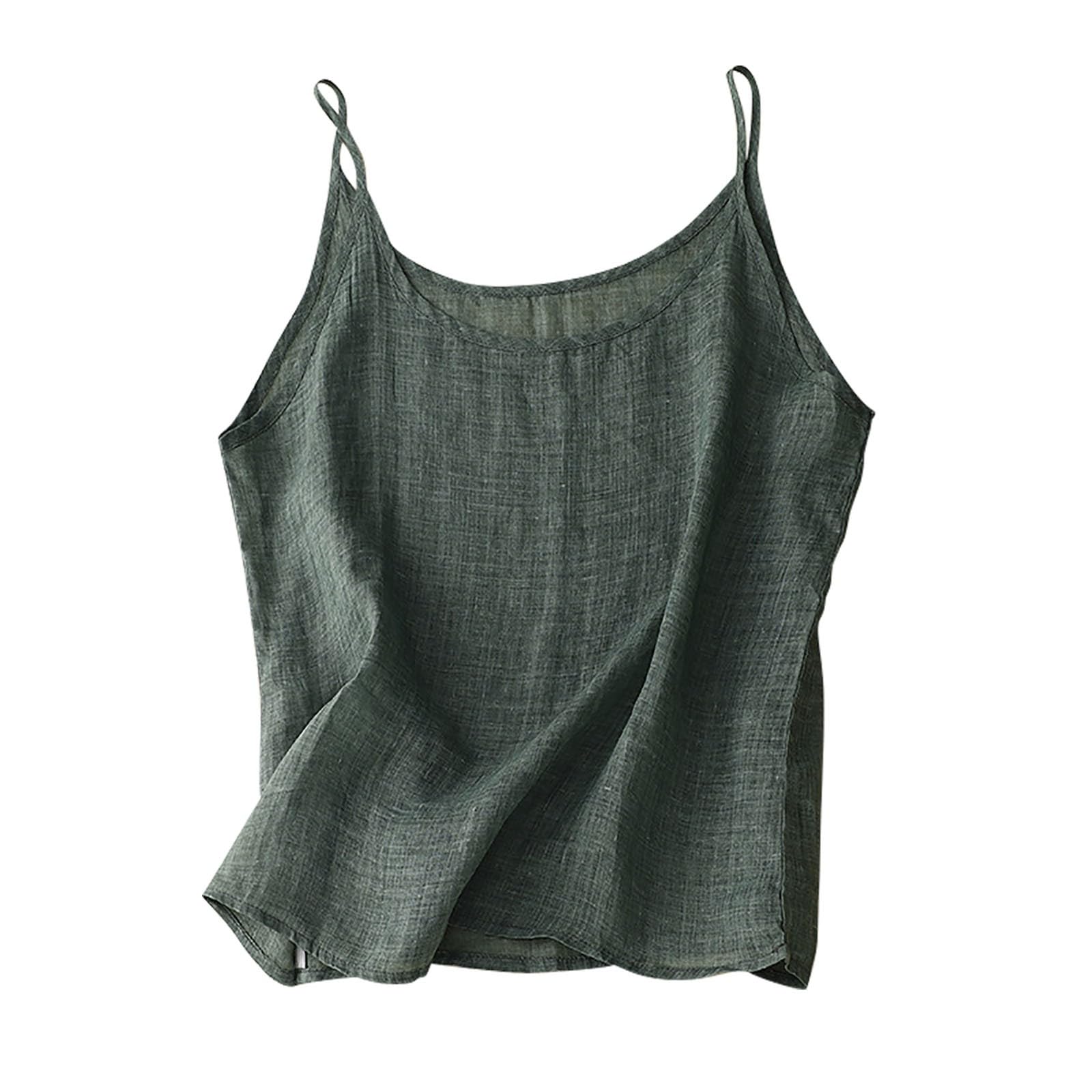 2025 Summer Linen Shirts for Women Spaghetti Strap Loose Fit Tank Tops Cami Casual Sleeveless Camisole Basic Tops Army Green