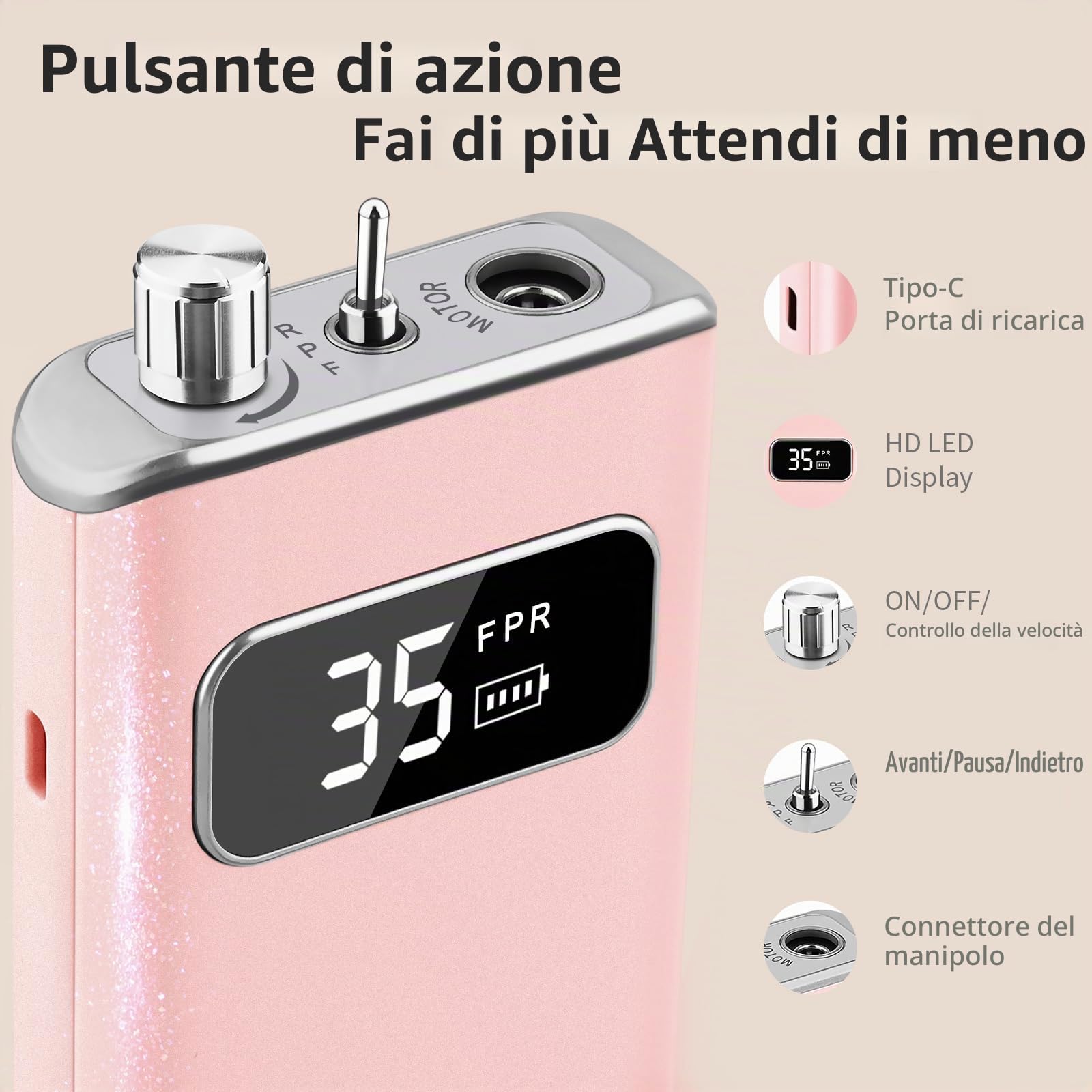 Fresa per Unghie Professionale 35000 RPM, Set Manicure Elettrico con Base di Ricarica e 7 Frese, Lima per Unghie Elettrica Portatile Ricaricabile, Trapano Elettrico per Rimozione Gel, Rosa