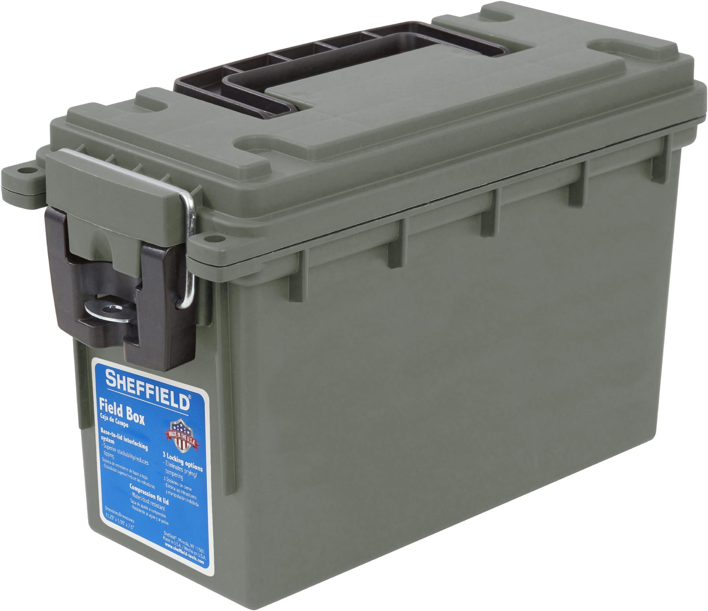 Sheffield 12626 Ammo Storage Box, Stackable .30 Cal Field Boxes, Water and Dust Resistant, Lockable Storage Box with Handle, Secures Hunting Gear, Supplies, and Bullets, Made in USA, Green, 1-Pack