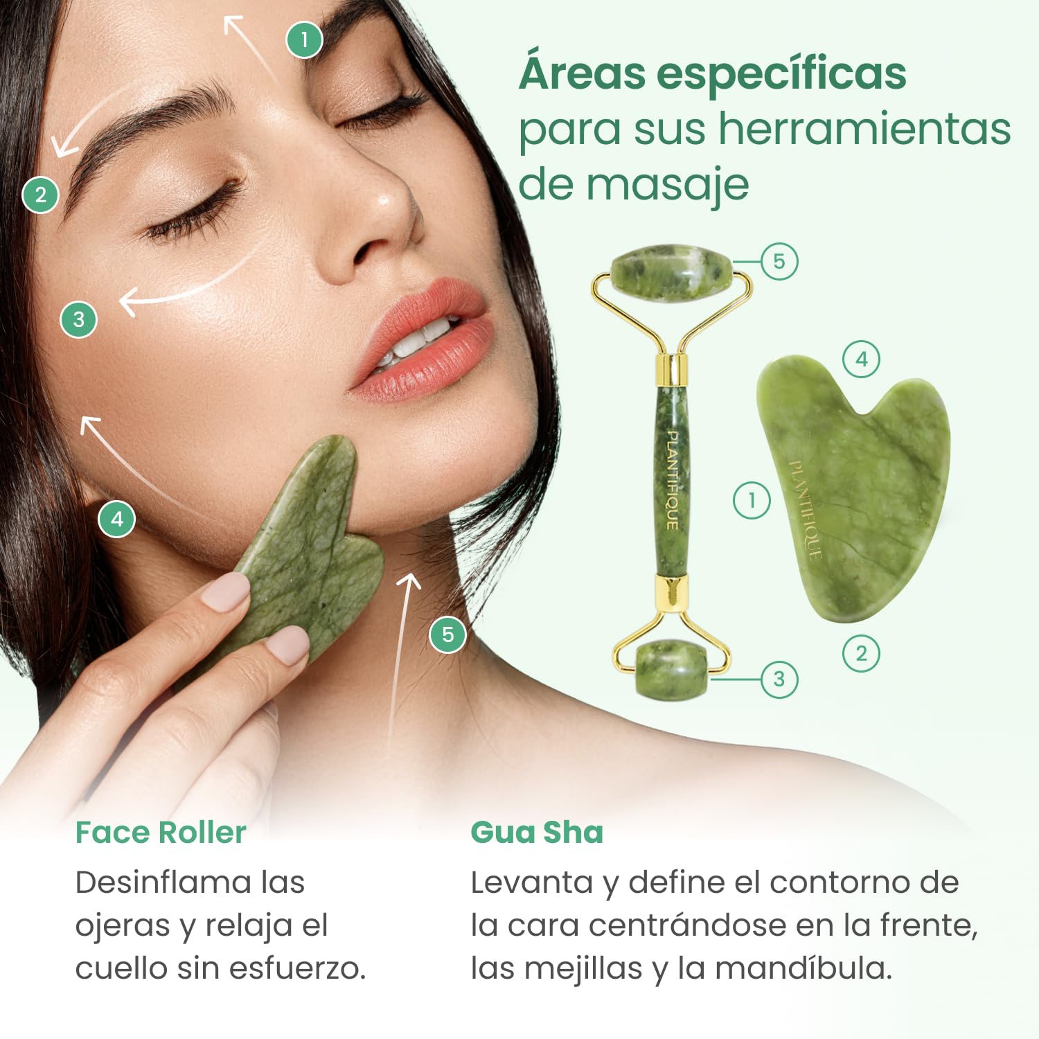 PLANTIFIQUE Gua Sha y Rodillo Facial de Jade - Masajeador Facial Antiarrugas para Tonificar la Piel - Face Roller - Rodillo Masaje y Guasha de Piedra Jade Auténtico — view 4