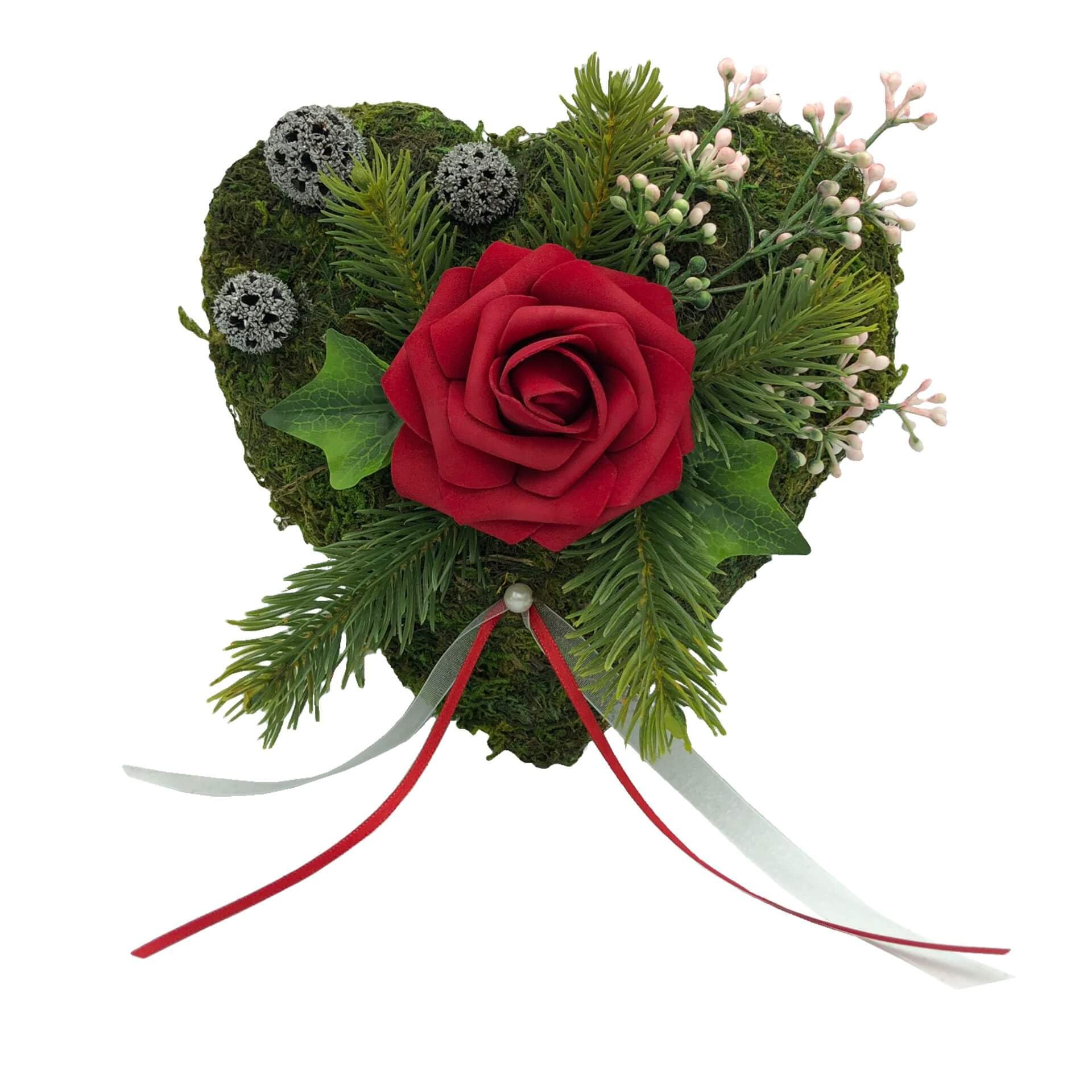 Grabgesteck | Gesteck und Rose - Moosherz mit Rose, handgearbeitet