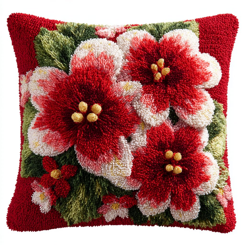 Henypt Latch Hook Pillow Case Kits, Red Flowers Embroidery Kit DIY Pillow Cushion Cover Latch Hook Cushion Kits for Starters,17x17inch