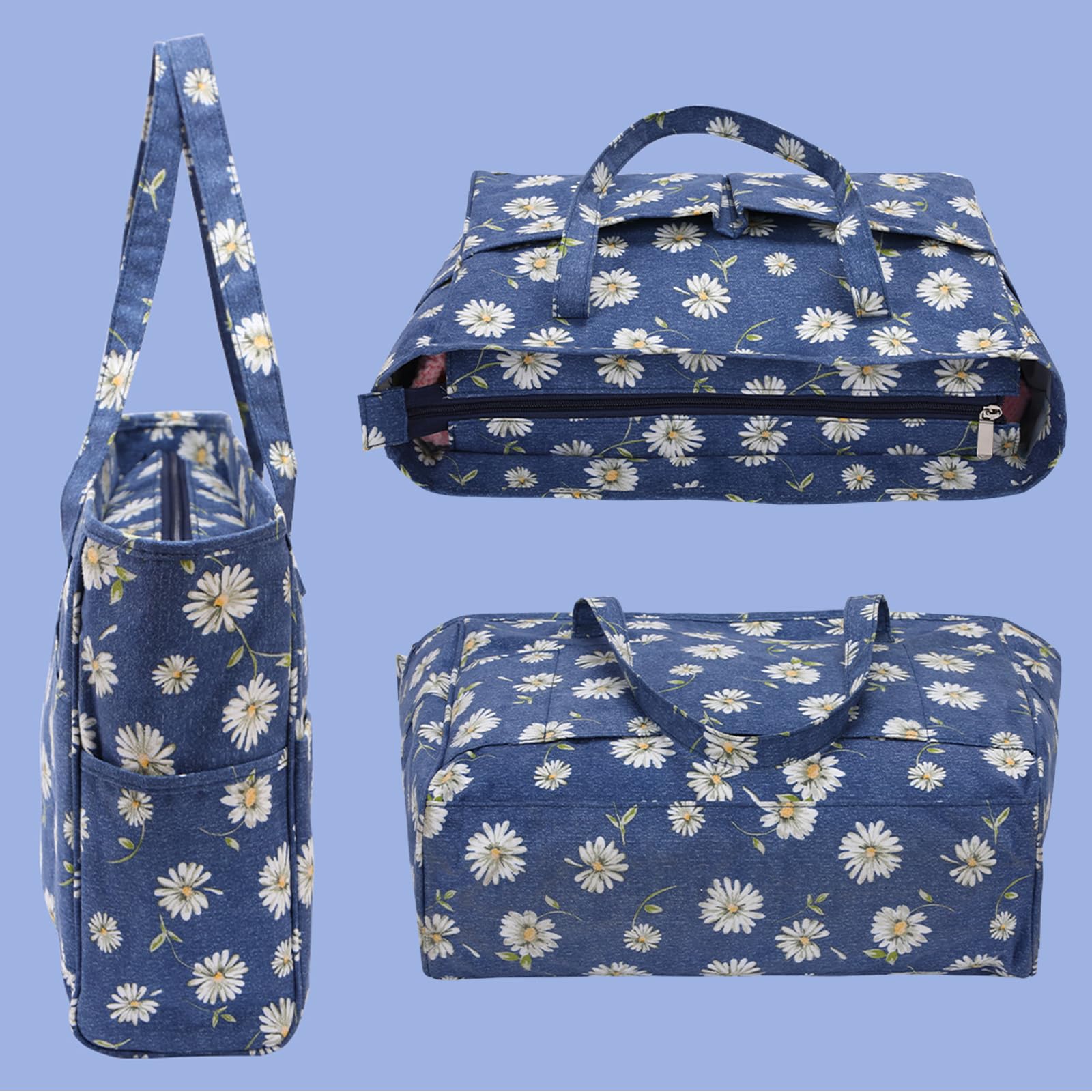 Coopay Wolle Tasche für Garn Basteltasche, Tragbare Stricktasche mit Großer Kapazität, Blumen Reise Handarbeitstasche für Garnbällen, Häkelnadeln, Stricknadeln, Kreuzstich und Nähzubehör, Oxford-Stoff
