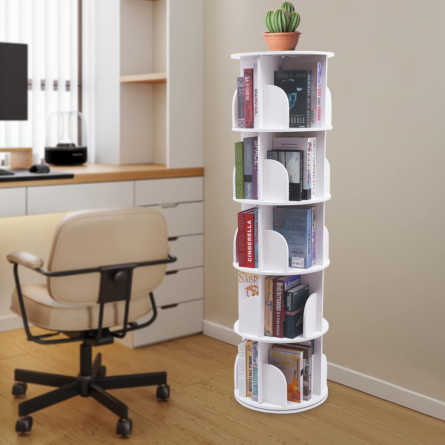 360°Rotating Bookcase, PVC Desktop Rotating Bookshelf Book Storage Shelf Display Rack Floor Standing Bookcase 360°Revolving Bookcase for Bedroom, Living Room (5 Tiers White)