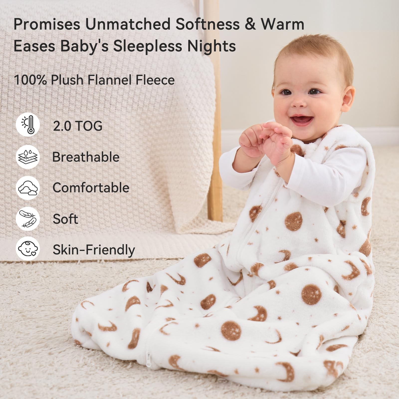 Unnivoll Fleece Baby Sleep Sack 6-12 Months 2.0 Tog Baby Wearable Blanket with 2-Way Zipper Warm Sleeping Sack for Toddler Infant Newborn - Medium White Brown Moon