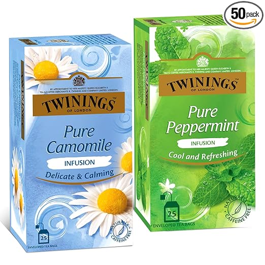 Pure Camomile & Pure Peppermint Tea, Herbal Infusion Two Tea Combo Pack, Caffeine Free Herbal Tea for Good Sleep, Stress Relief &Anxiety Sugar-Free, 25 Teabags Each