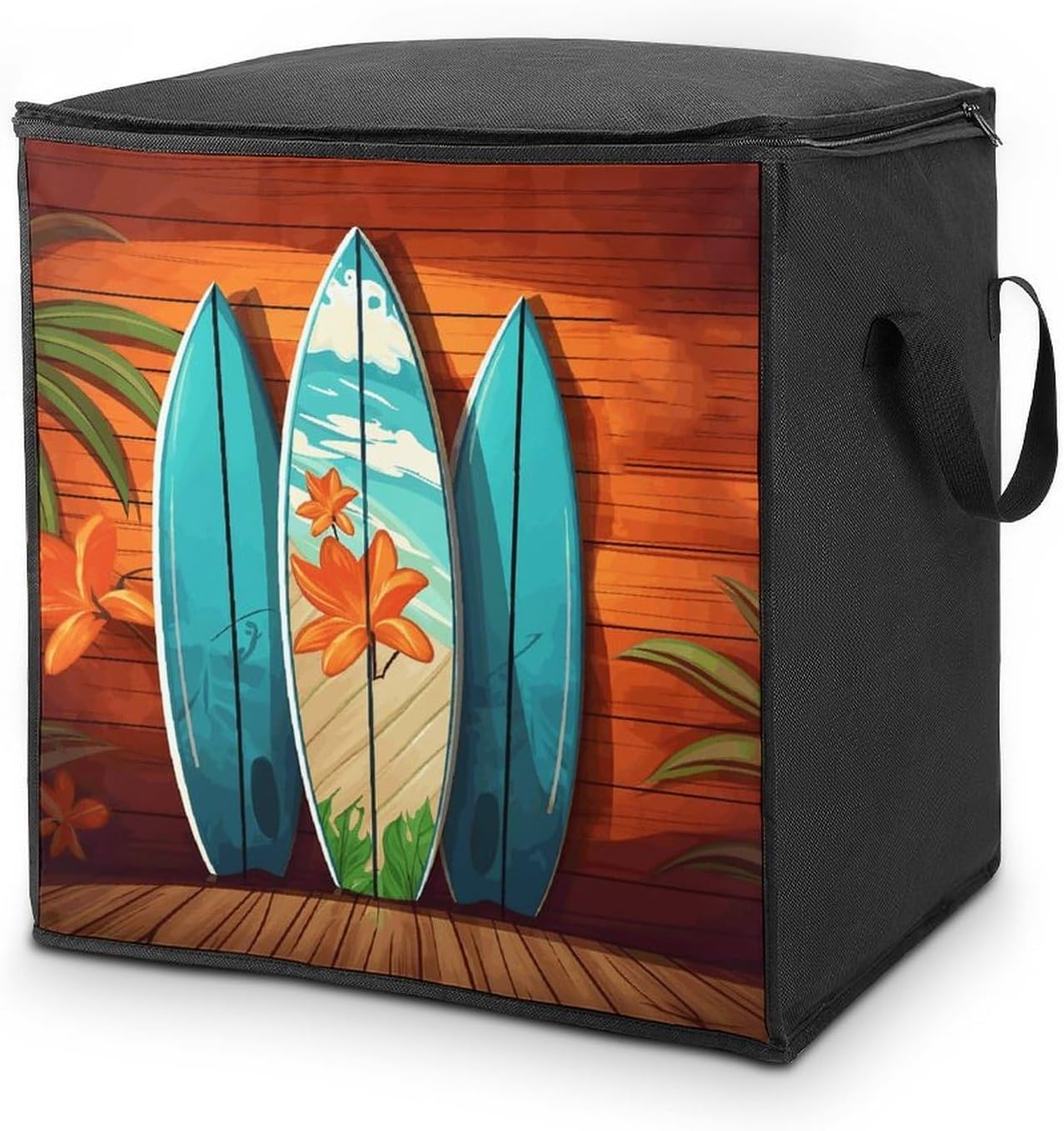 Surfboard on Wooden Storage Bag with Zippers And Handle Extra Large Bedding Comforter Storage Bag Foldable Blanket Storage Bags Fabric Moving Bags for Closet Organizer (70L)