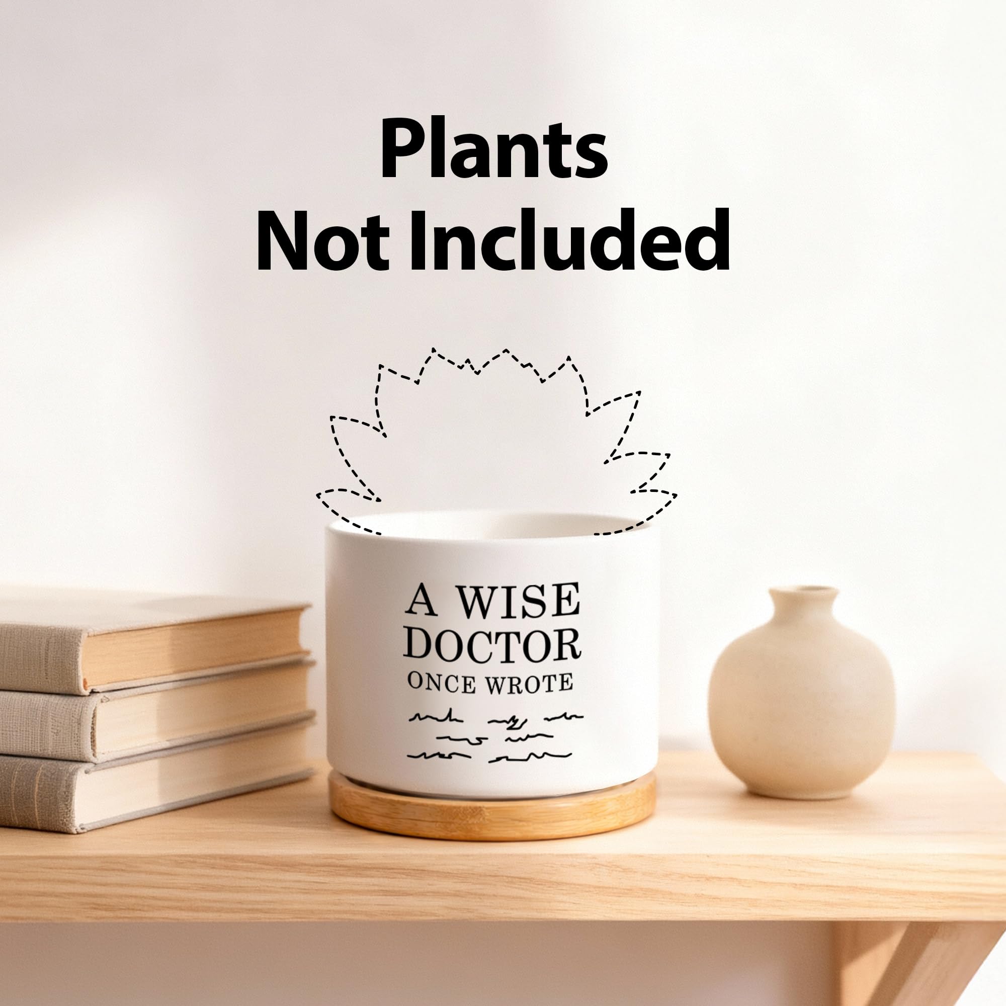 A Wise Doctor Once Wrote Ceramic Succulent Plant Pot with Tray Doctor Gifts Home Office Decor Indoor Plant Dr Graduation Gift 3.5 Inch White (No Plants) (with Bamboo Tray)