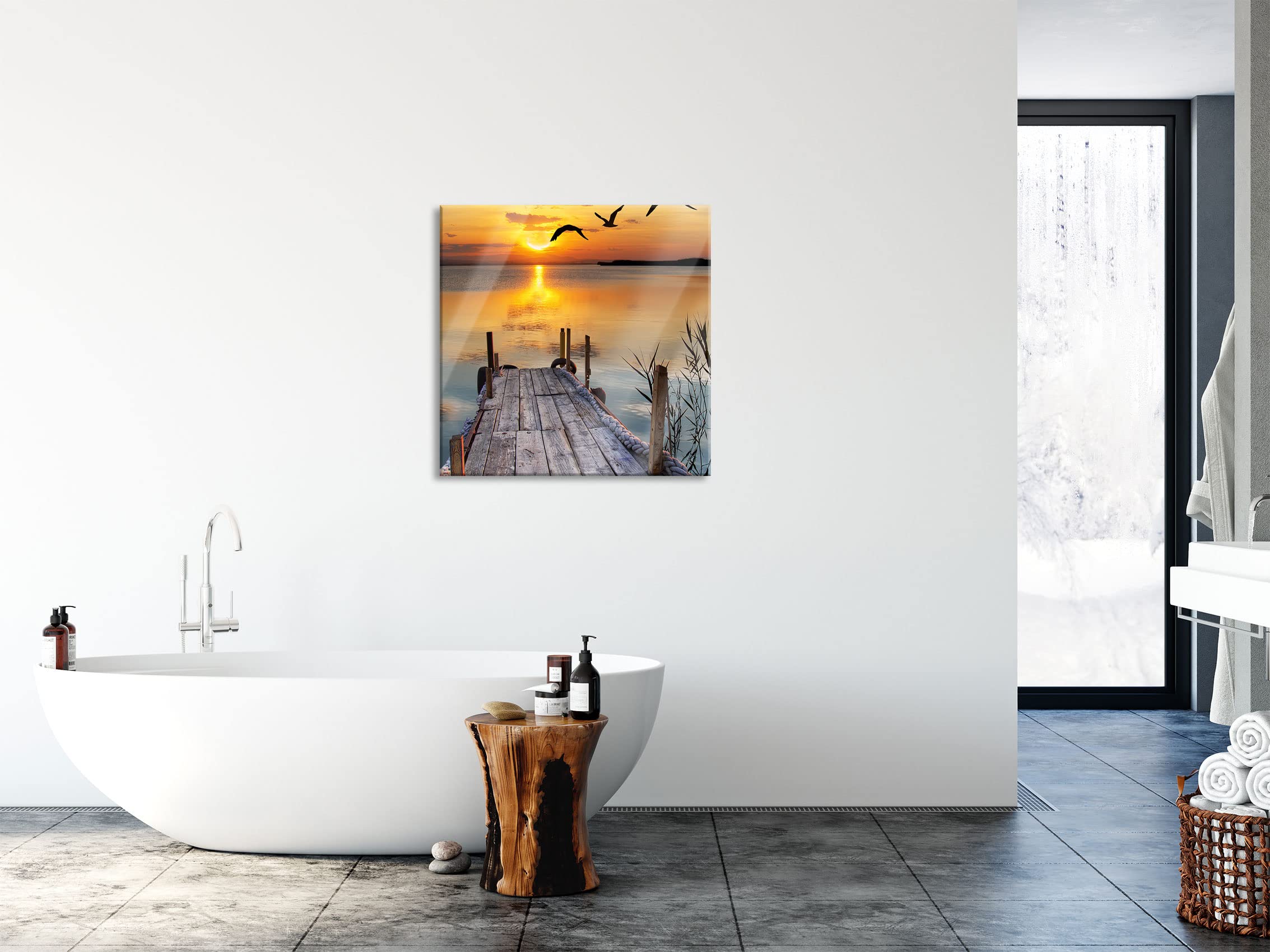 Pixxprint Glasbild, Wandbild auf Echtglas, Steg bei Sonnenuntergang, 60x60 cm, inkl. Aufhängung und Abstandshalter