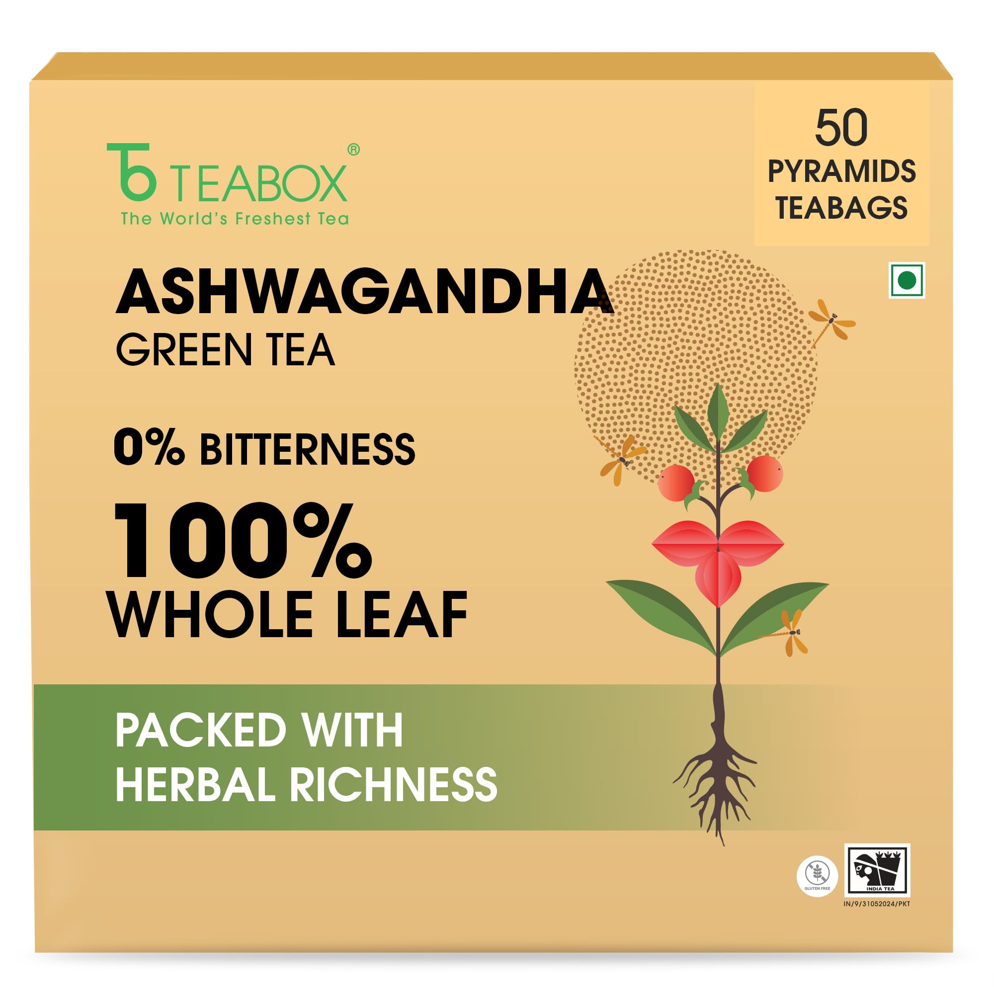 Teabox Ashwagandha Green Tea 50 Teabags | Ayurvedic Blend of Premium Green Tea and Natural Ashwagandha | Silken Pyramid Teabags