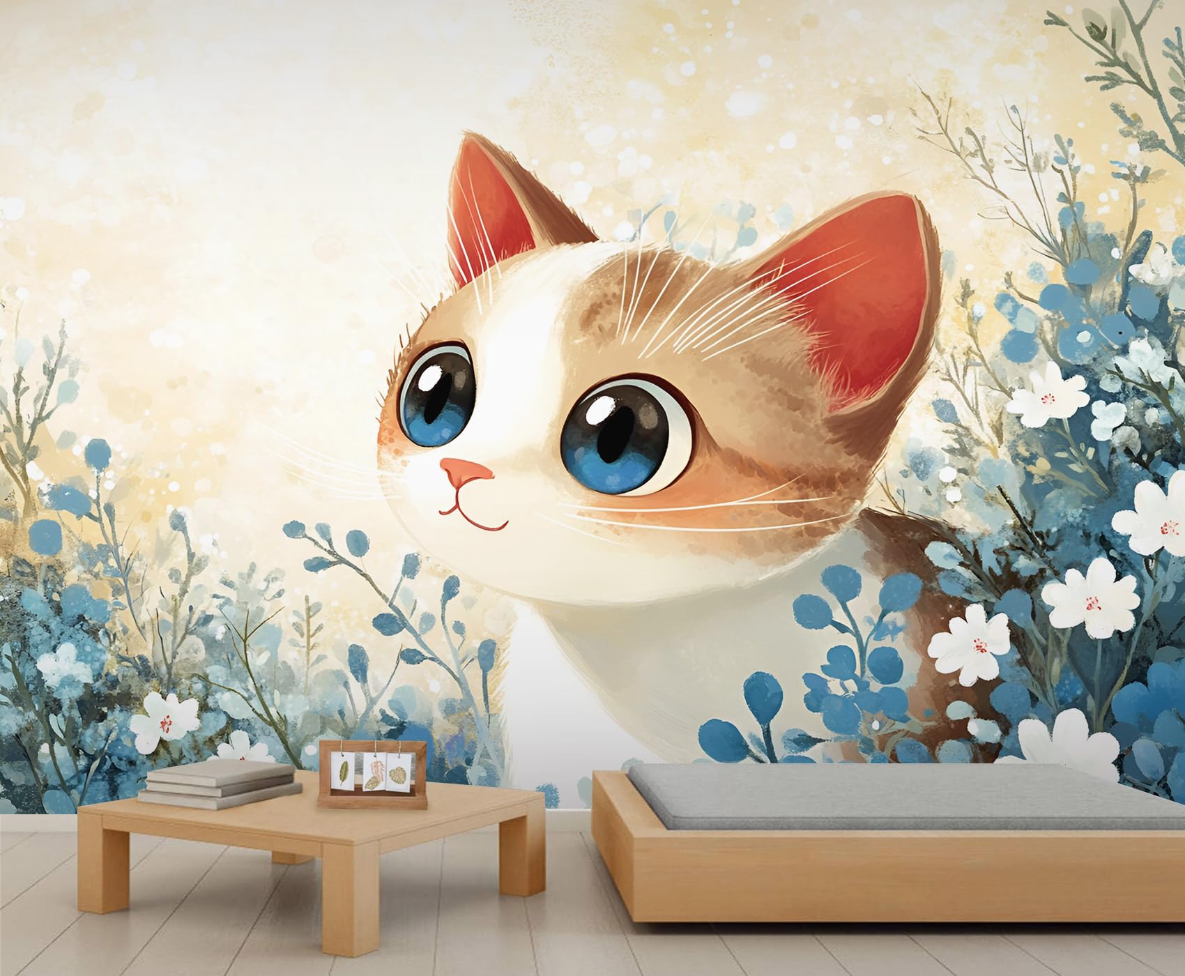 Flower Cat Mural Cat Wallpaper Cartoon Animals Wall Mural Giant Home Living Room Dining Room Wall Decor Poster (Non-self-Adhesive) — image 1
