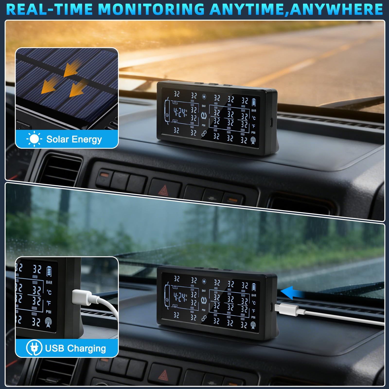 13Bar/199Psi TPMS Sistema di Monitoraggio della Pressione Controllo degli Pneumatici per Camion con 12 Sensori di Pressione dei Pneumatici Esterni per 10/12 Ruote Van Trattore Camion Pesante
