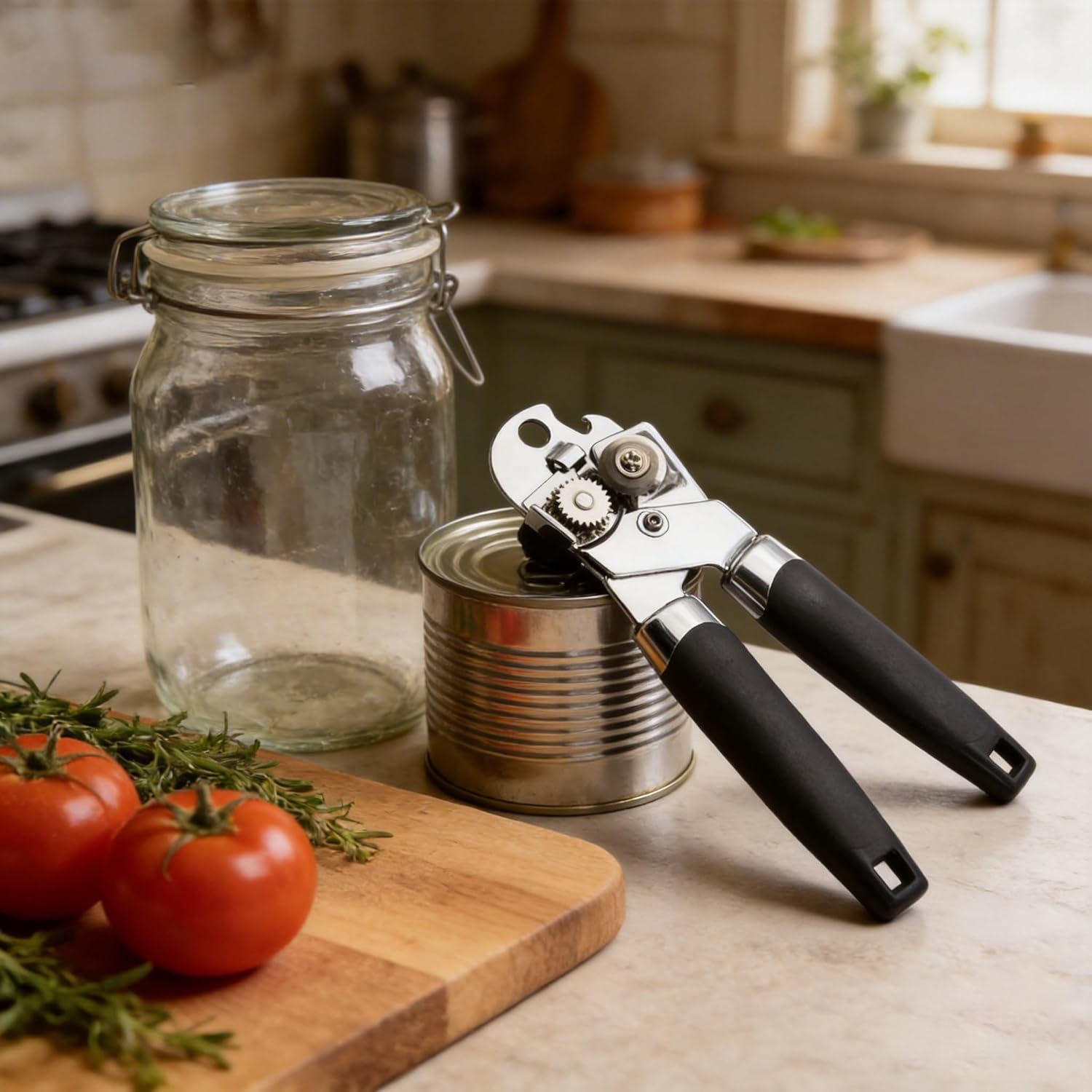 Manual Can Opener Heavy Duty Bottle Openers, Stainless Steel, Smooth Edge Soft Handle, Oversized Handheld Easy Turn Knob, Multifunctional Kitchen Tool, Black