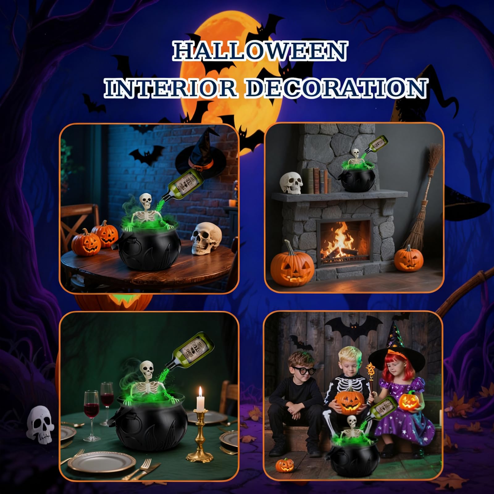 Dekoracje na Halloween do wnętrz – kociołek czarownic – kompletny zestaw dekoracyjny na Halloween z realistycznymi butelkami na mgiełkę i magiczne pływające eliksiry, wewnętrzny straszny szkielet