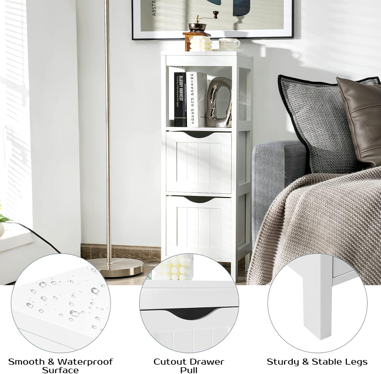 Giantex Bathroom Organizers and Storage Cabinet - Storage Organizer Rack Stand with 2 Removable Drawers, Anti-Toppling Device, Corner Unit, Narrow Toilet Paper Cabinet, Bathroom Floor Cabinet (White)