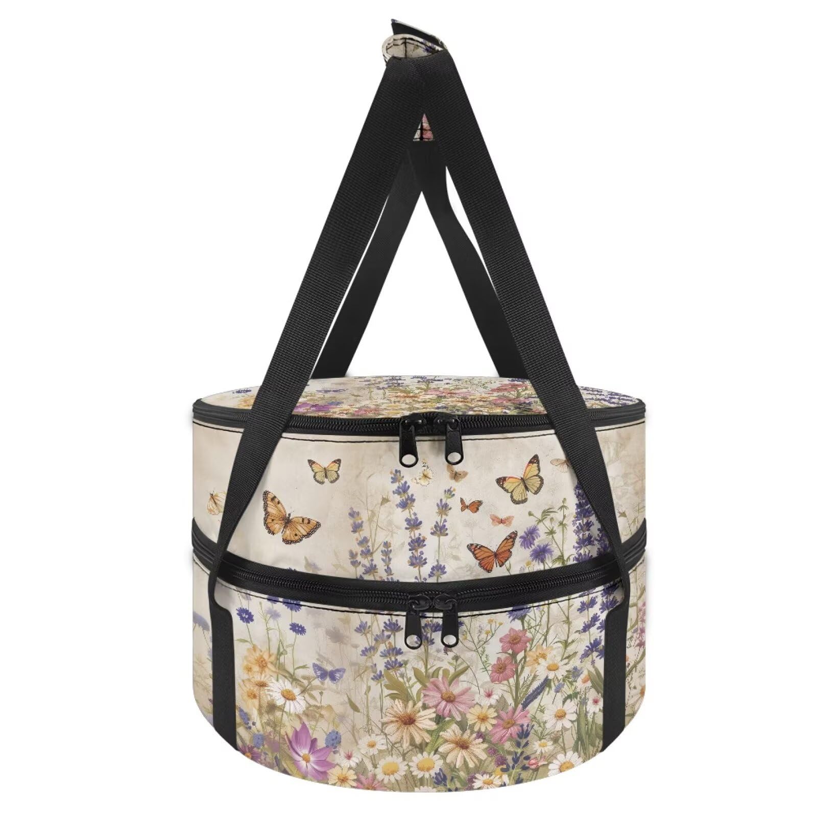CREAMIC Lavender Insulated Food Delivery Bag with Handle Floral Pie Carriers for Transport Round Insulated Coolers with Double Layer for Students and Office Workers