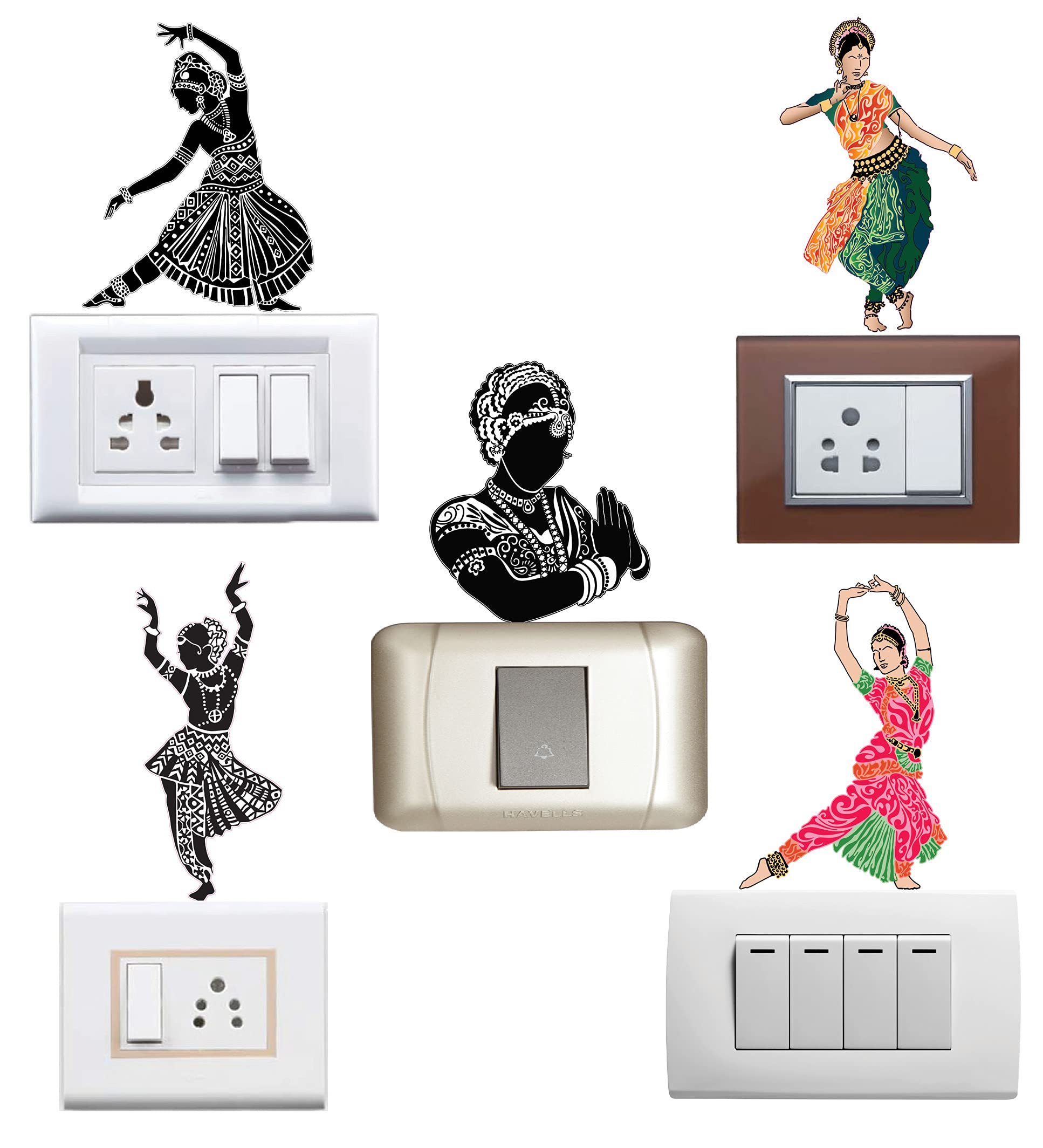 WallDesign Vinyl Indian Cultural Dance Switchboard Sticker (Multicolour, Set Of 5 Self-Adhesive, Wall, 305 Mm)
