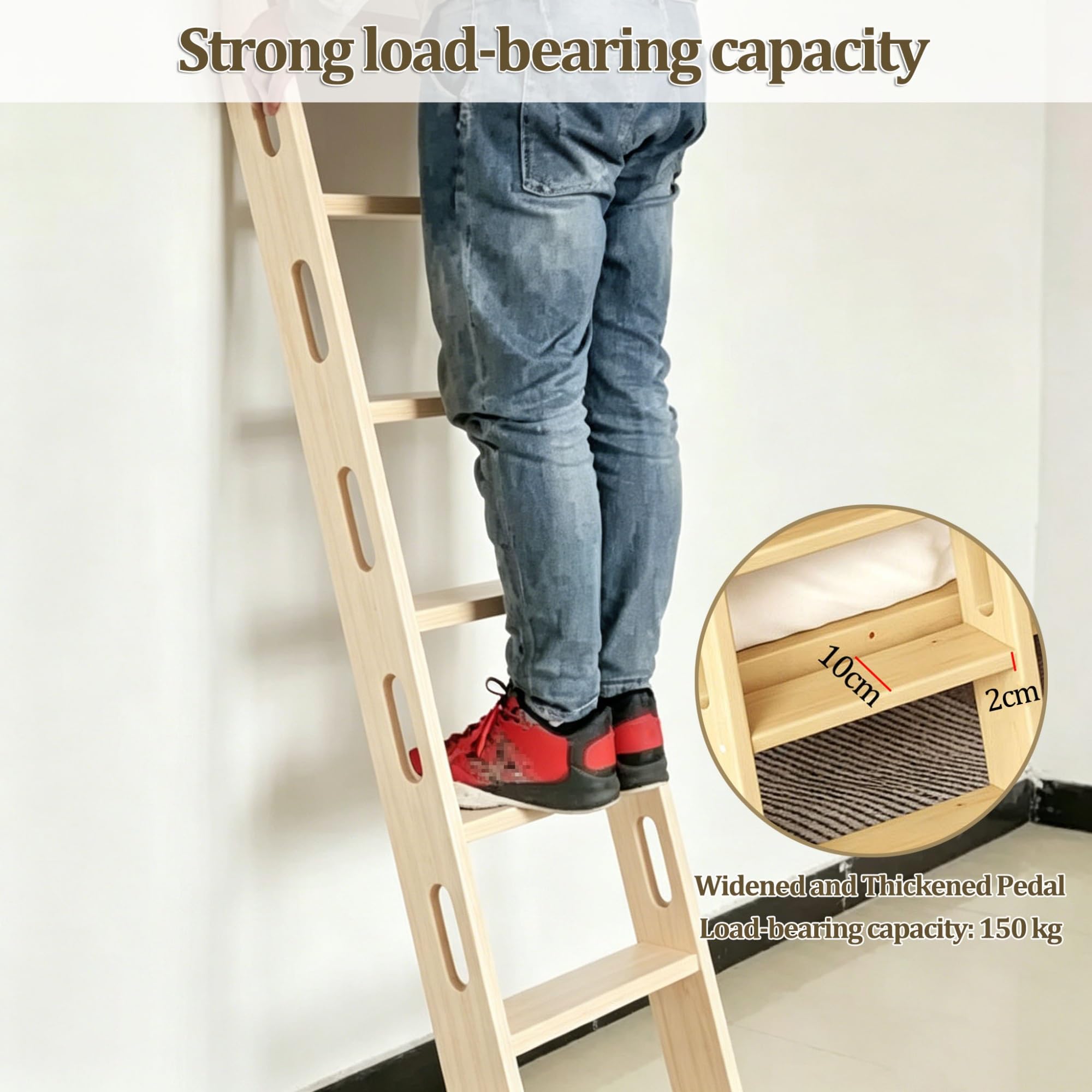 Escalera de Madera para litera o Cama Alta, Taburete Escalonado de Madera Maciza con peldaños Anchos Antideslizantes, Escalera de Repuesto para Autocaravana o Camping(1.4m)