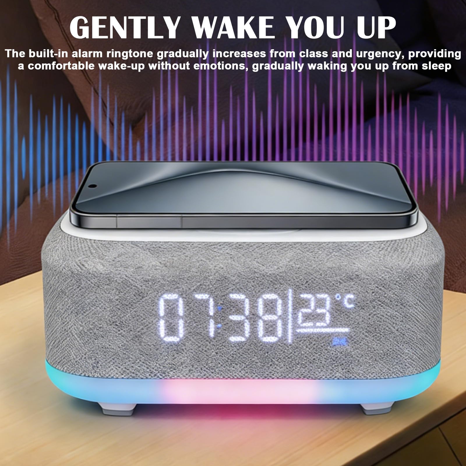 Radiosveglia Digitale con Stazione di Ricarica Wireless 15W, Sveglia Bluetooth, Luce Notturna 9 Colori, Caricatore USB