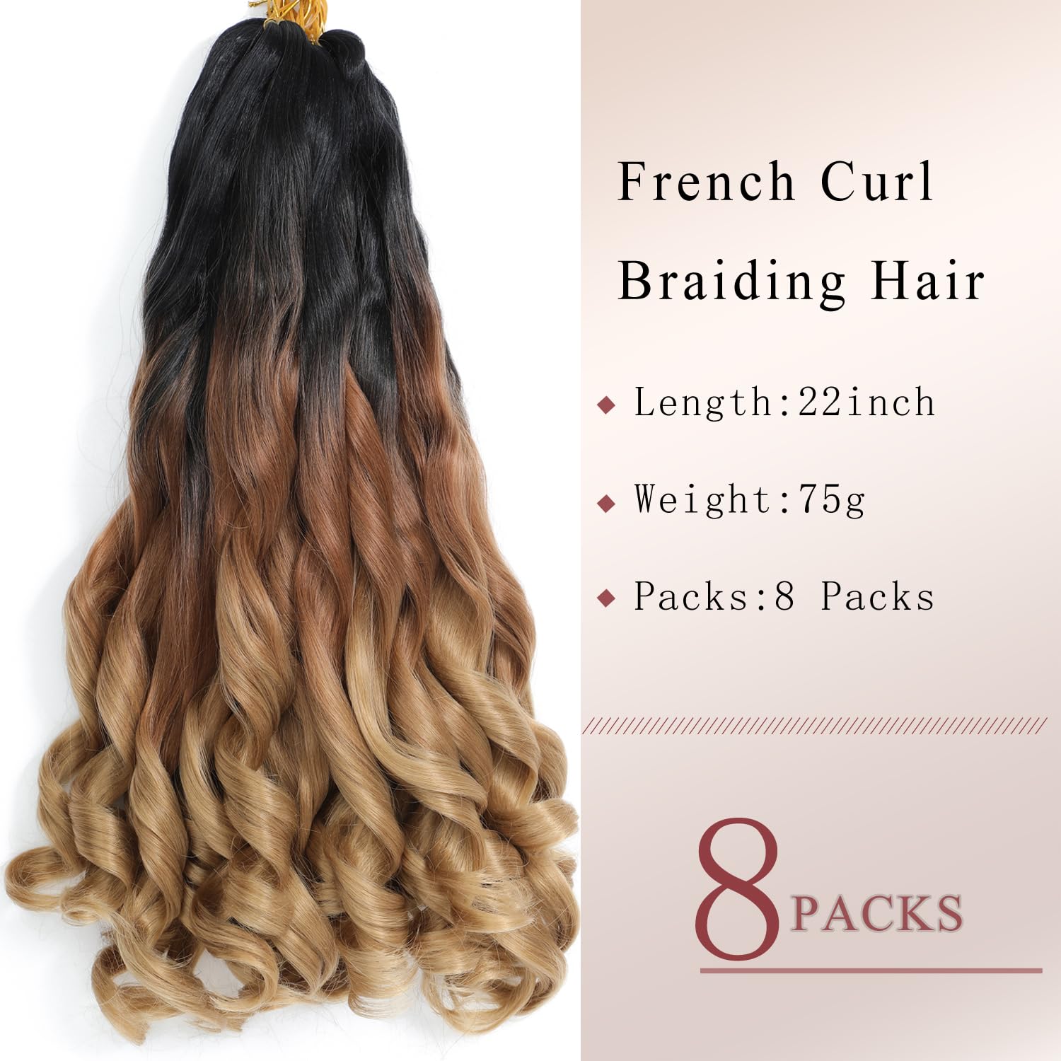ZIYANGBABA French Curl Braiding Hair 22 Inch 8 Packs Curly Braiding Hair Pre Stretched Crochet Braids Curl Braiding hair extensions for braiding (1B/30/27 - Image 2