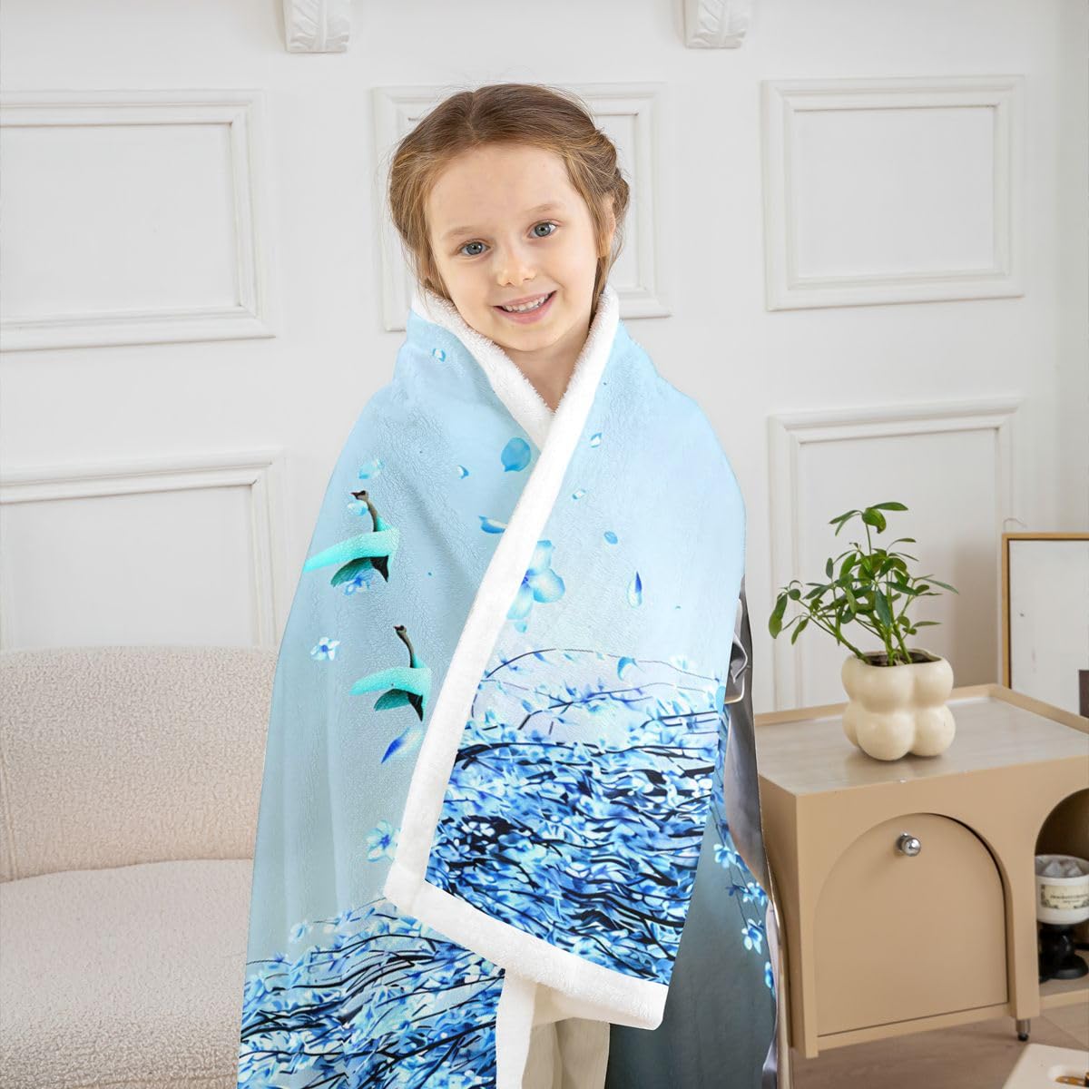 Manta Sherpa con diseño de caballo para niños, ramas de cerezo, corcel, cobija de forro polar azul de ensueño para niñas y adolescentes, manta mullida para sofá, cama, sofá, decoración de animales