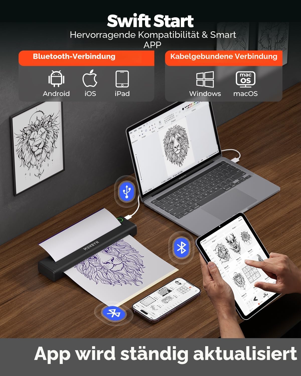 MUNBYN Tattoo Drucker Bluetooth, Stencil Drucker, Tattoo Printer Thermodrucker mit 20 Blatt A4 Transferpapier, Kompatibel mit Android iOS macOS Windows, ITP05, Schwarz