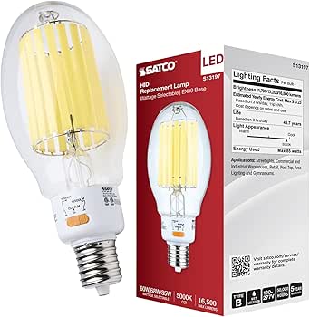 Satco S13197 60W/68W/85W Selectable LED HID Replacement Bulb, 5000K Natural Light, Up to 16,500 Lumens, EX39 Mogul Extended Base, Clear Finish, 80+ CRI, Dimmable, LED, Industrial and Commercial