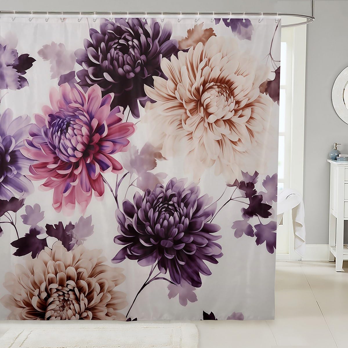 Castle Fairy Chrysanthemum Shower Curtains,Watercolor Romantic Floral Bath Curtain,Japanese Ukiyo-e Prints Bathroom Decor Set with 12 Hooks for