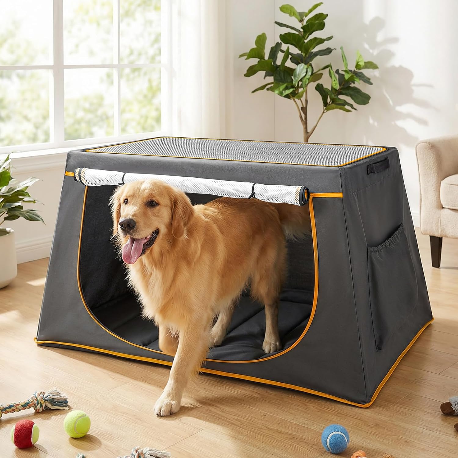 43 Inch Collapsible Travel Dog Crate for Medium Large Dogs, Portable Travel Kennel with Storage Pocket, Mesh Windows for Indoor & Outdoor Travel, 43.3” L x 24 ”W x 16.14 ”H, Dark Grey