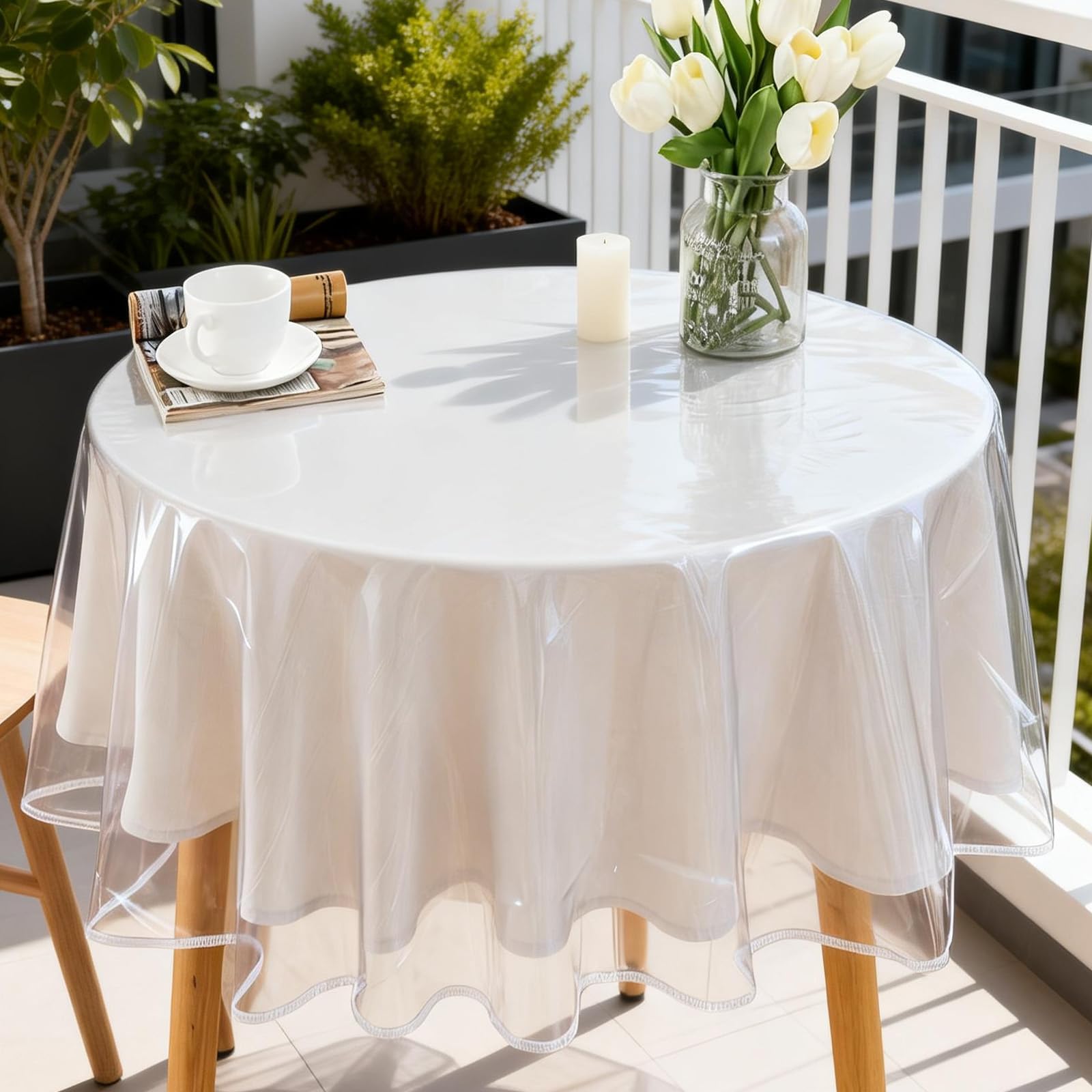 Clear PVC Table Cloth, 120cm Round Waterproof Table Protector and Plastic Table Cover, 0.1mm Thick Wipeable and Anti-Scratch Tablecloth for Kitchen Dining Room Office Tables