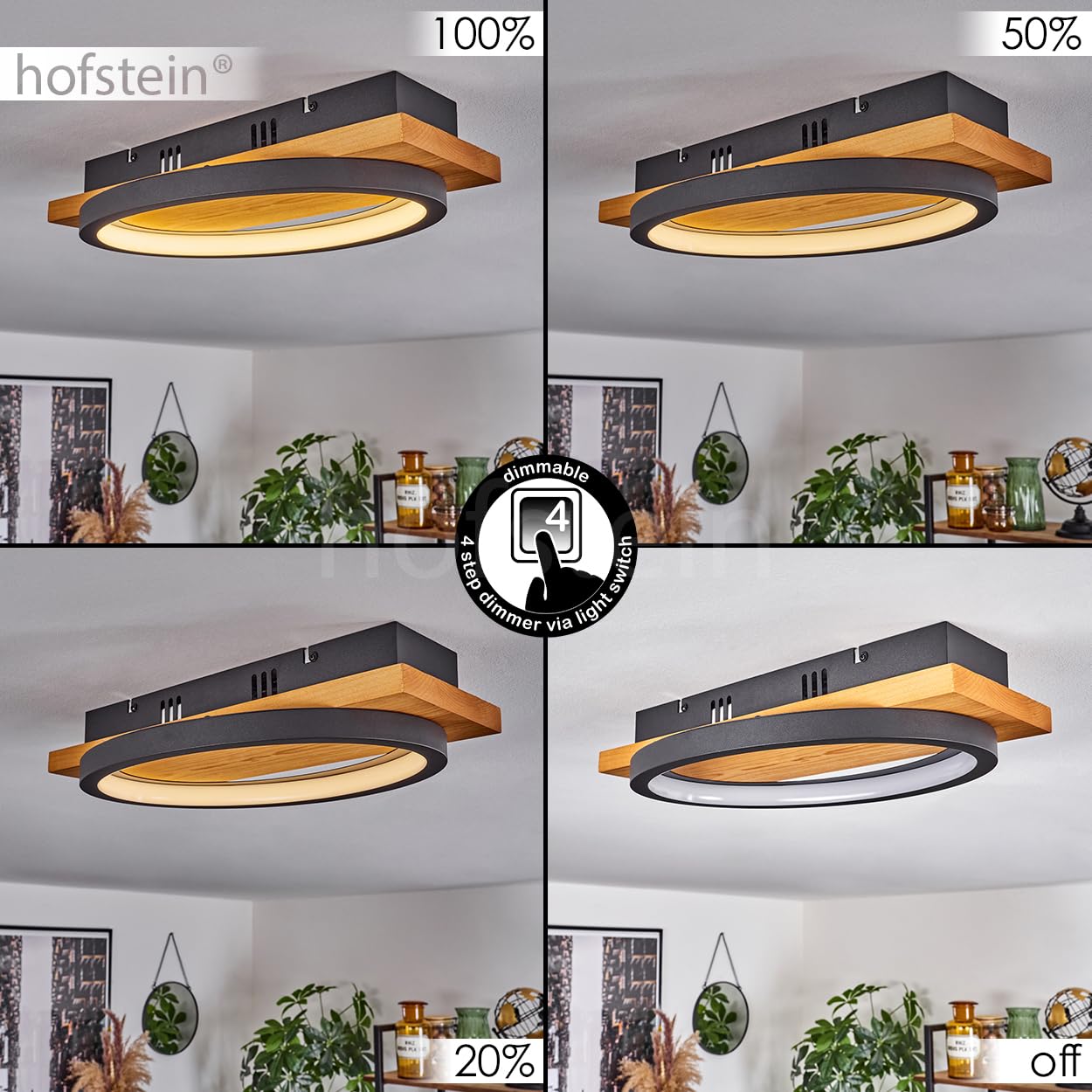 Lampa sufitowa LED Pompu, ściemnialna lampa sufitowa wykonana z metalu/drewna/plastiku w kolorze naturalnym/czarnym, ściemnialna, 1800 lumenów, 3000 K, 1 x LED 16 W