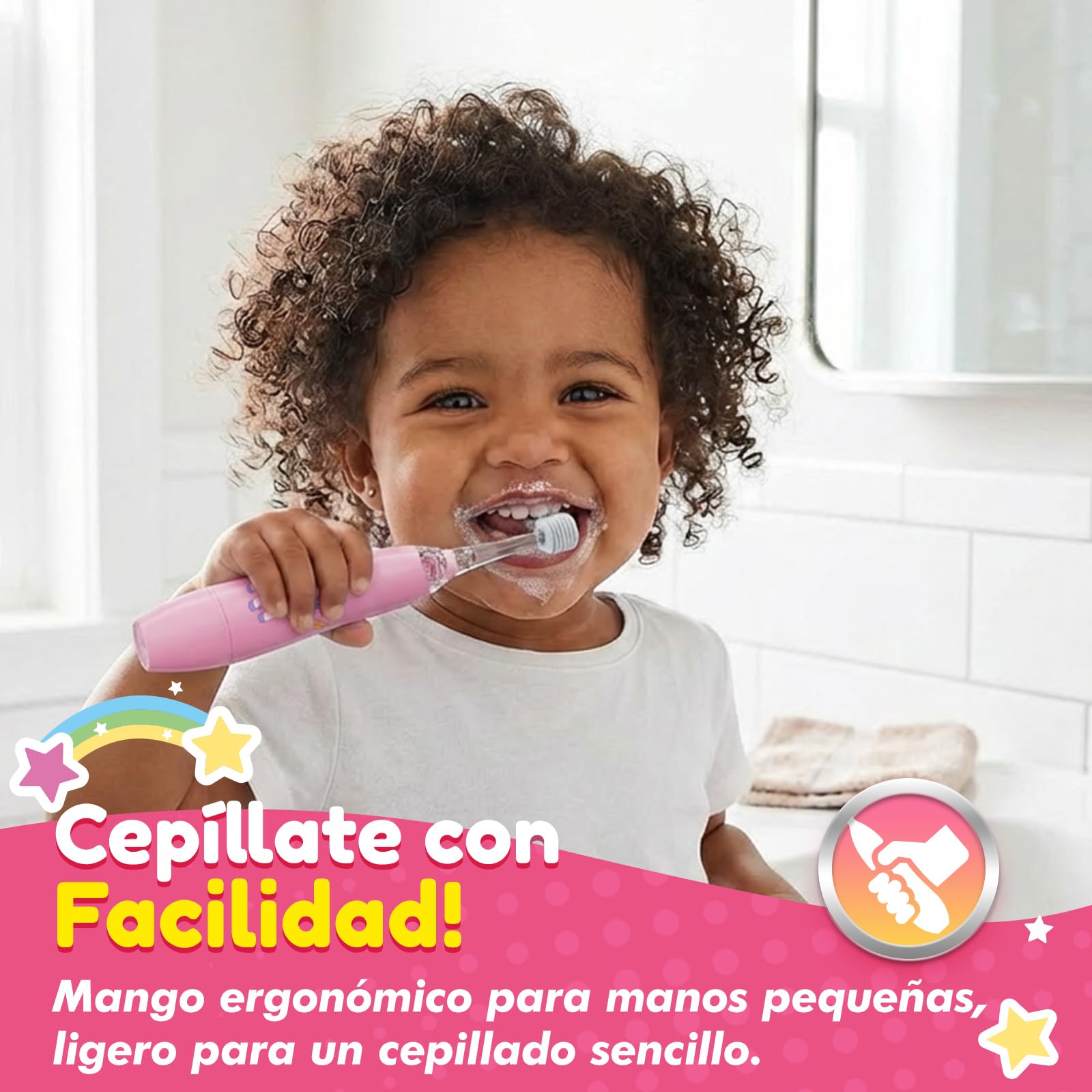 Cepillo de Dientes Eléctrico para Niños de 1 a 5 Años, Cepillo Eléctrico Infantil Sónico con 16,000 Vibraciones por Minuto, 4 Cabezales y 1 Pila AAA, Temporizador 2 Minutos, Impermeable IPX7 (Rosa)