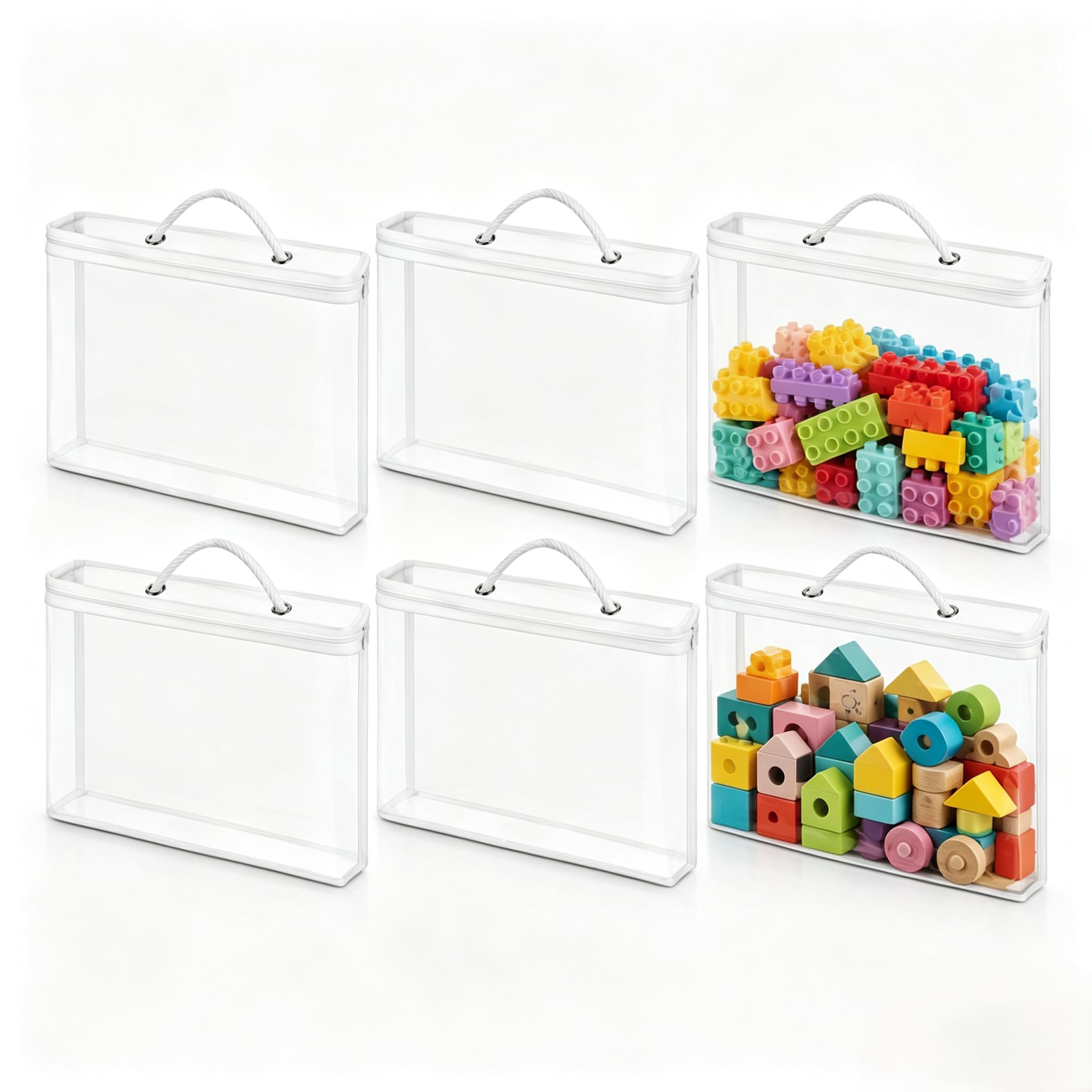Zxbbtz White 6 Pcs Toy Storage Bags With Zipper, 15.8X11.8x3.9in Clear Pvc Toy Organiser Bags, Waterproof & Reusable Toys Storage Organiser Pouch, Travel Toiletry Bag With Handle For Building Block Puzzle