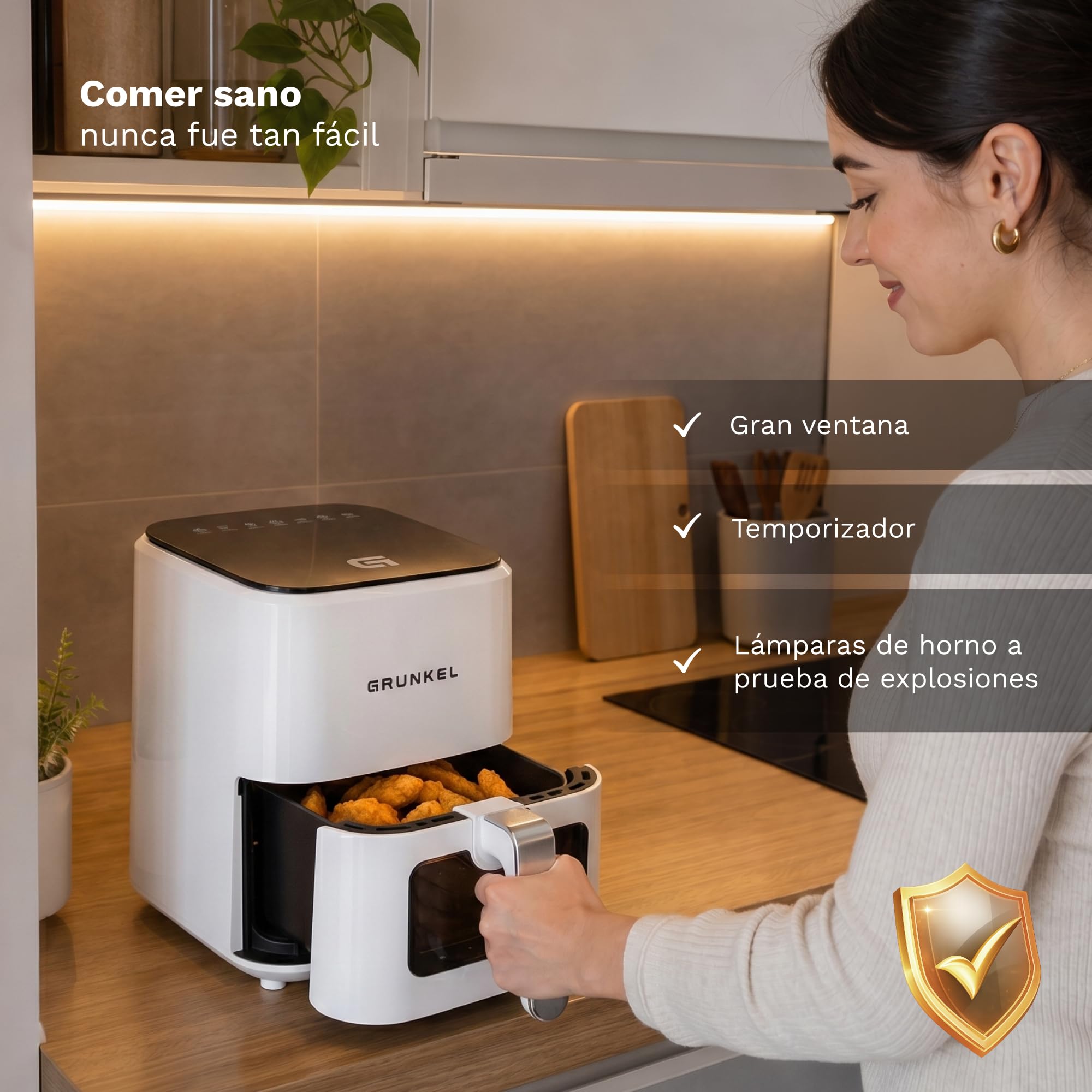 Grunkel - Freidora aire - Air Fryer - 4 Litros y 7 programas. WEF. Panel de control digital Multifunción y ventanal visualización retroiluminada. Temporizador 60 minutos - Freidora sin aceite (Blanco)
