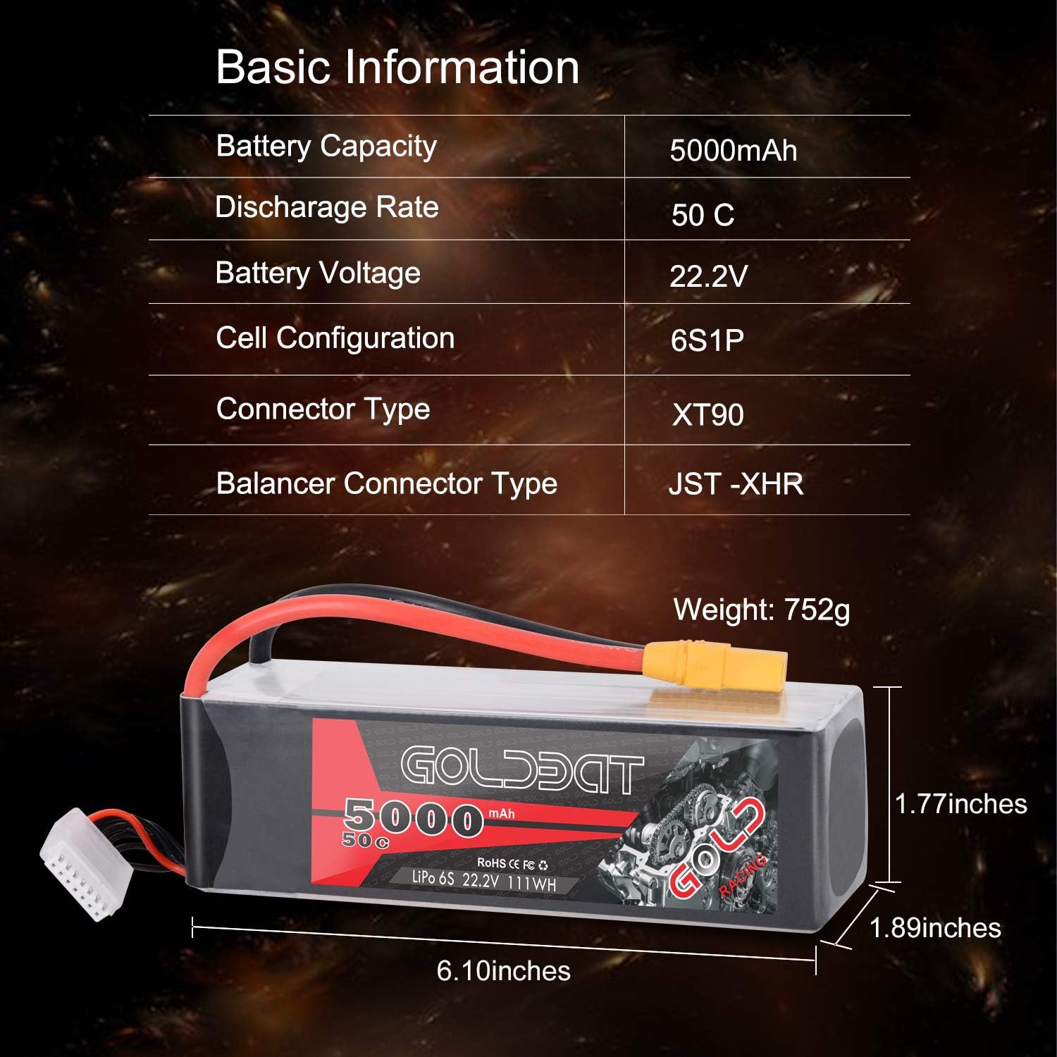 GOLDBAT 6S 5000mAh 50C 22.2V RC LiPo Battery Pack with XT90 Plug for DJI Align T-REX550 600 700 Airplane Quadcopter Helicopter Truck Boat Hobby (1 Pack)