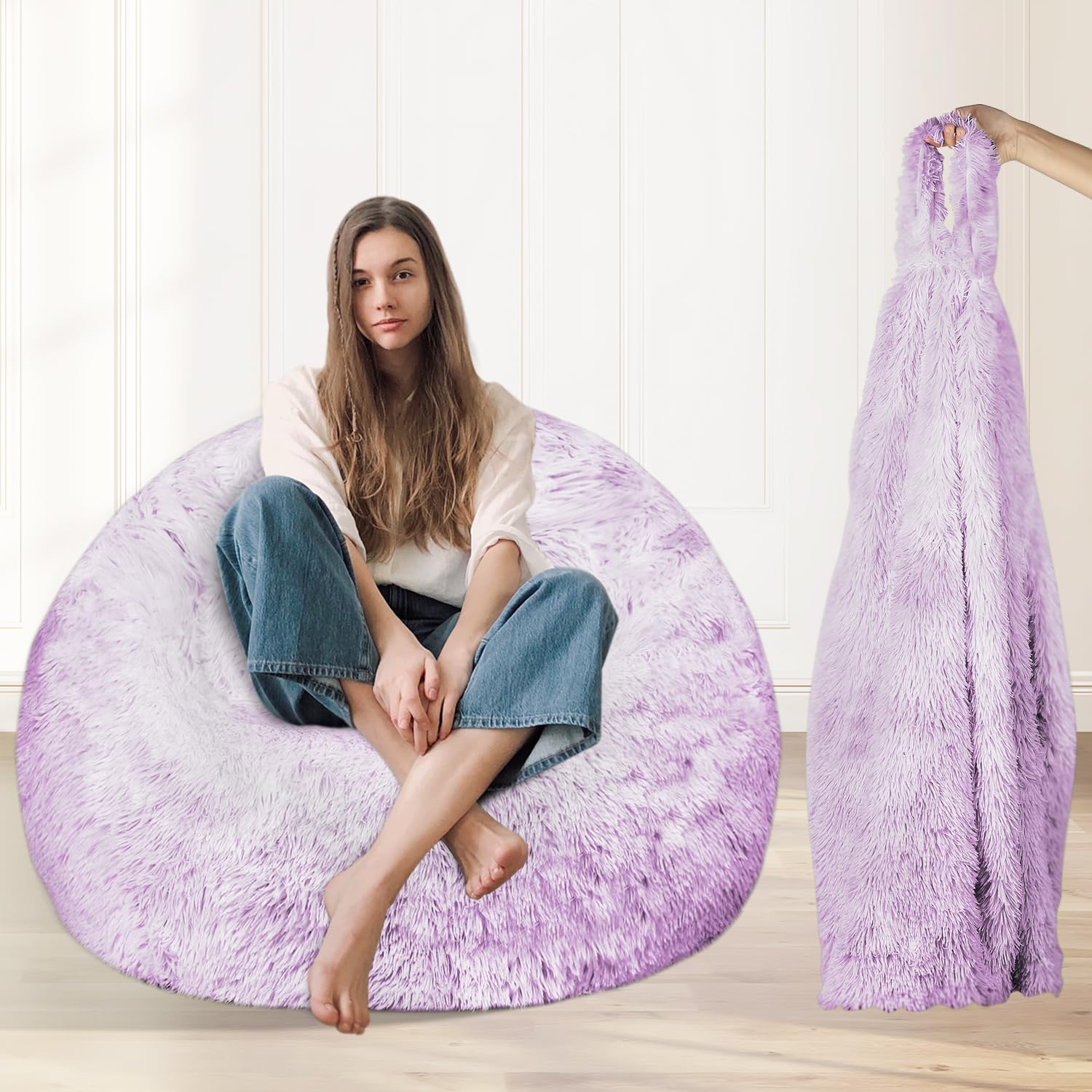 TRAVEVA Fluffy Faux Fur Bean Bag Chair Cover for Living Room(No Filler), Bean Bag Chairs Cover for Kids/Teens,Premium Furry Anti-Slip Bean Bag Cover