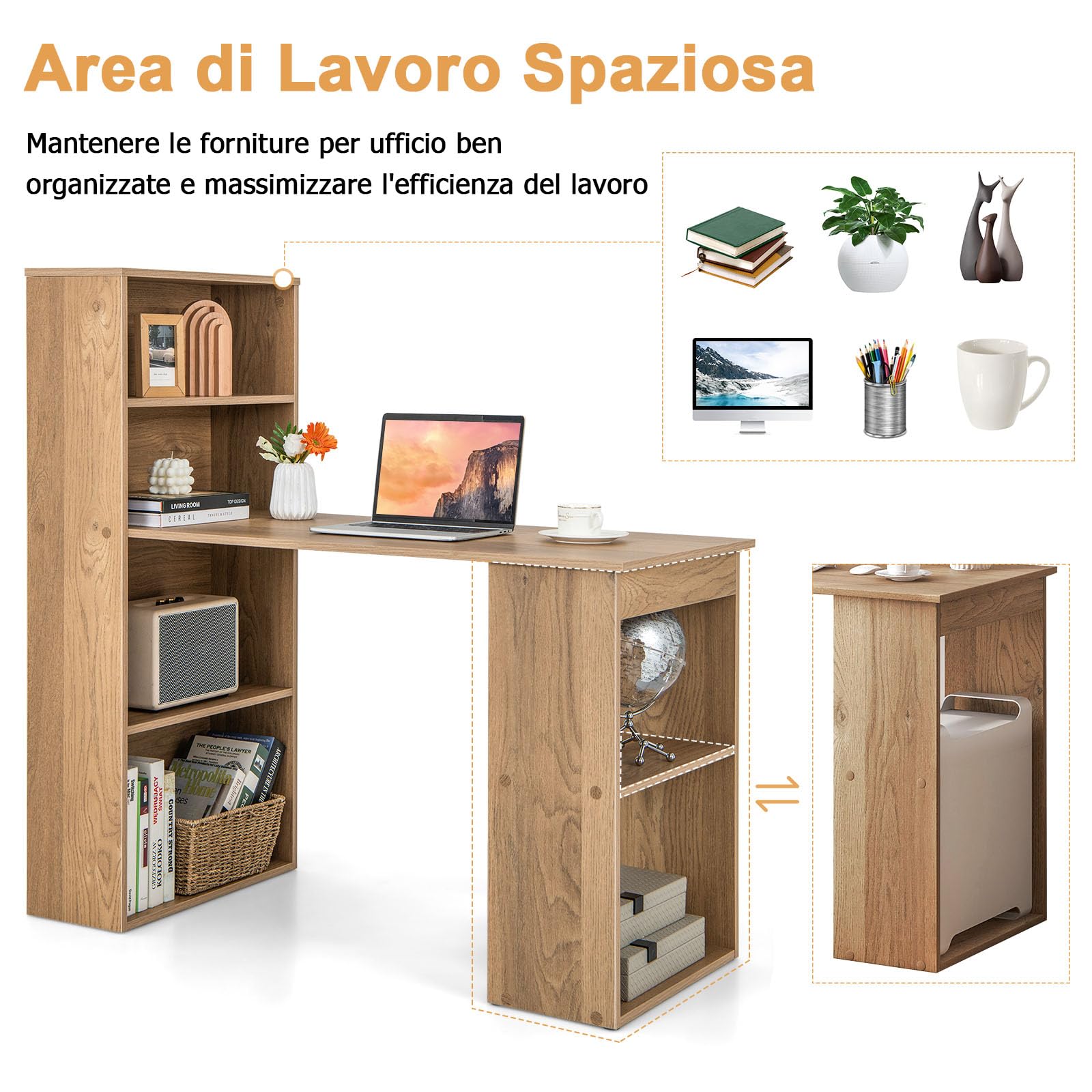GYMAX Scrivania per Computer Reversibile da 121,5cm con 6 Ripiani, Scrivania con Libreria a Muro, Scrivania Moderna da Studio con Libreria per Casa e Ufficio, Design Salvaspazio (Natuale)