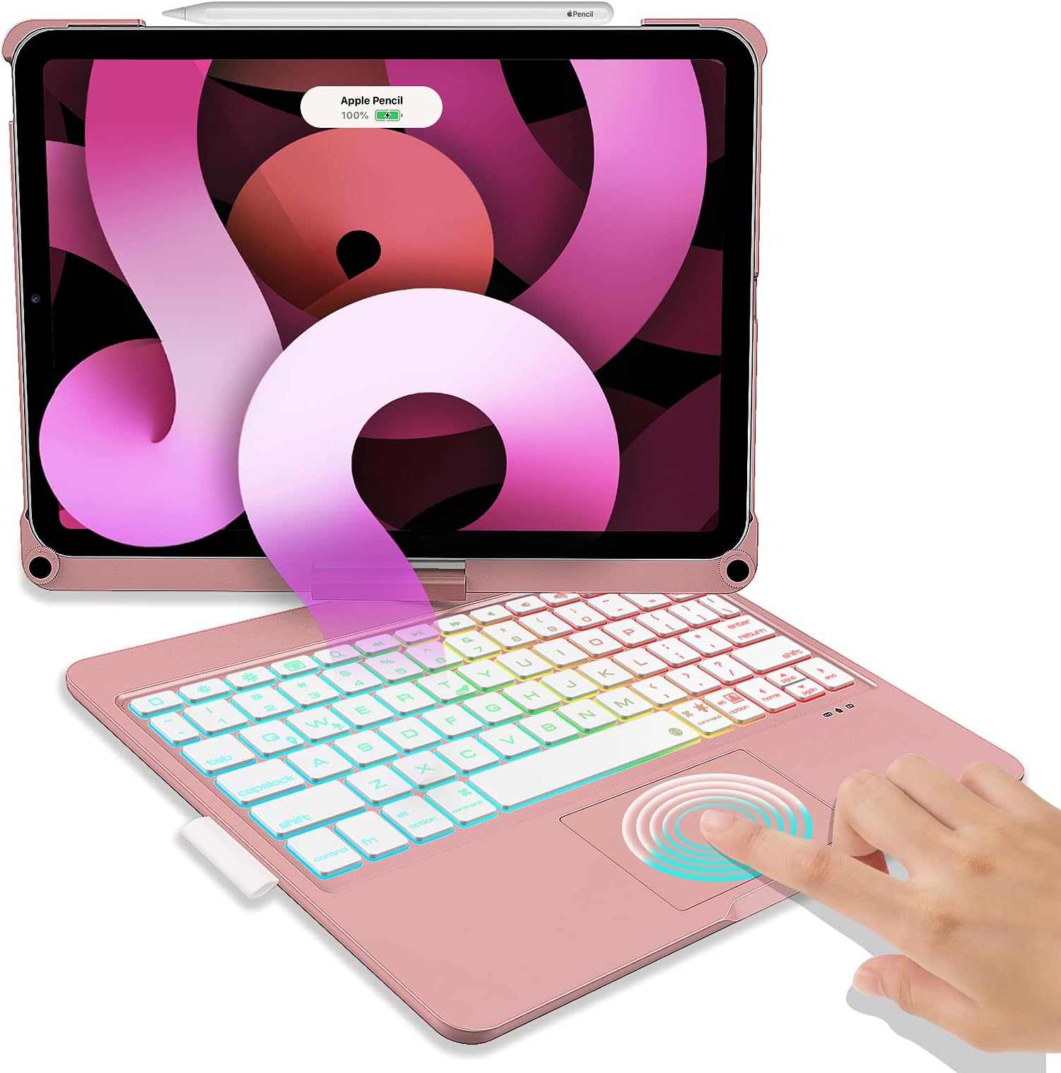 iPad Air 4 Keyboard Case, D DINGRICH Smart Keyboard Folio Case, Built-in Touchpad, Pencil Holder, 7 Color Backlit, 360 Rotating, for iPad Air (4th Generation) and iPad Pro 11-inch 2020/2018, Ros
