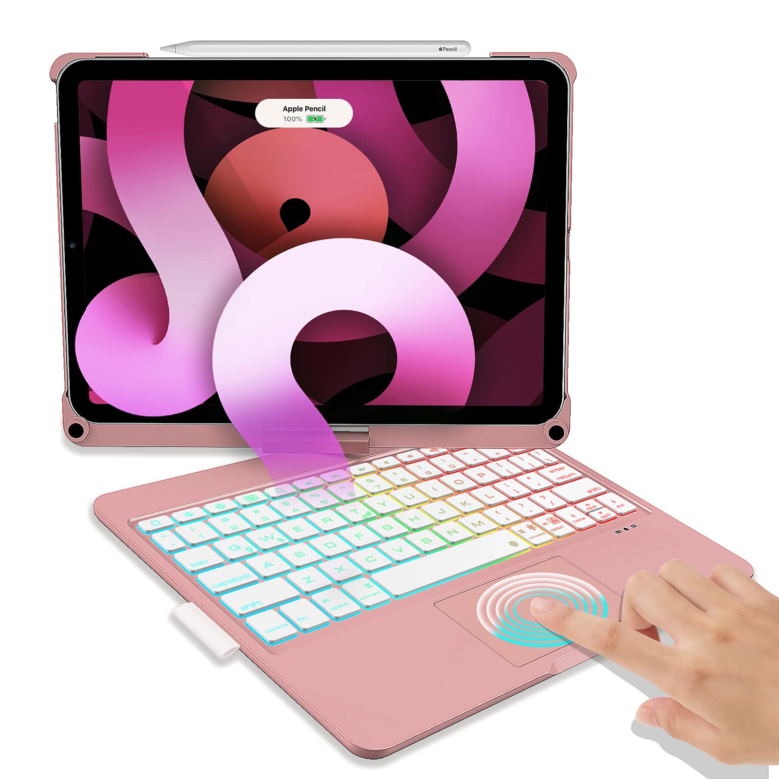 iPad Air 4 Keyboard Case, D DINGRICH Smart Keyboard Folio Case, Built-in Touchpad, Pencil Holder, 7 Color Backlit, 360 Rotating, for iPad Air (4th Generation) and iPad Pro 11-inch 2020/2018, Ros