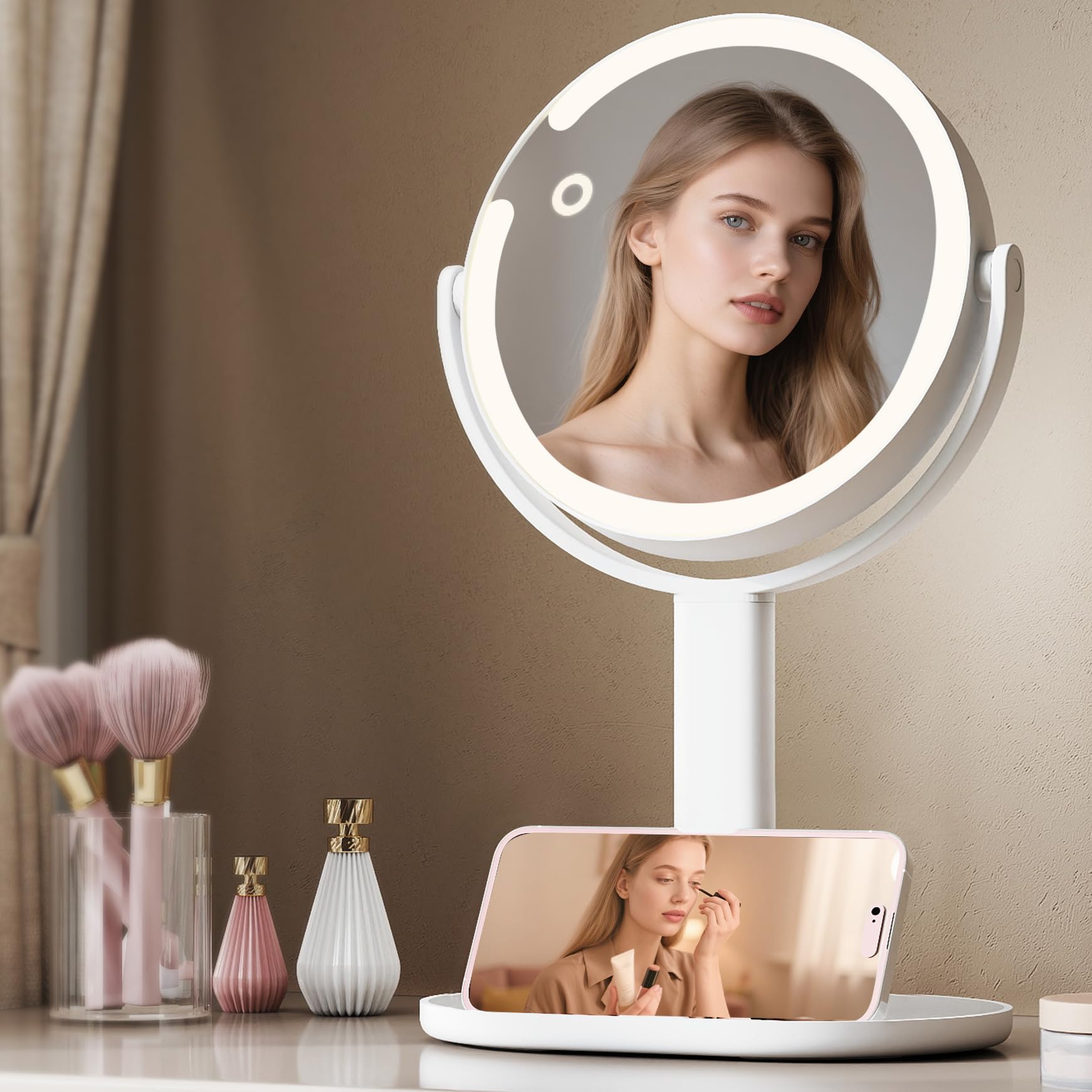 Emitto 10X Magnifying Makeup Mirror - Double Side 360° Rotation LED Light - White