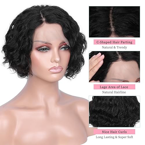 Miniatura 2 de FAVE Peluca de cabello humano corto y rizado con encaje frontal, densidad del 150 %, parte lateral en forma de C, pelucas de cabello humano ondulado