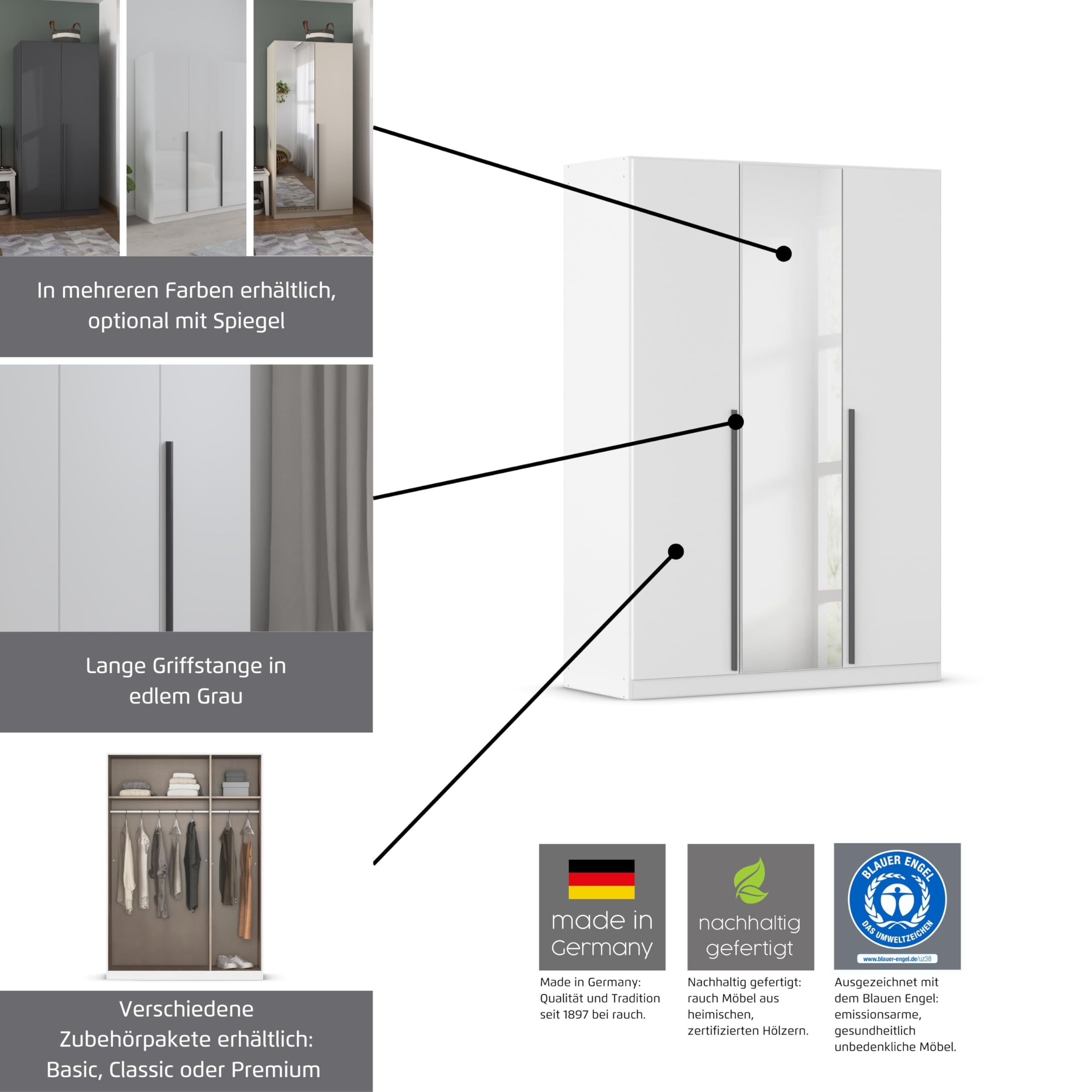 Rauch Möbel ALBA, Kleiderschrank, Farbe Hochglanz Weiß, Breite 91 cm | Schrank, 2-türig, Zubehör Basic, für Schlafzimmer, Kinderzimmer, Babyzimmer, Homeoffice, Garderobe, Flur