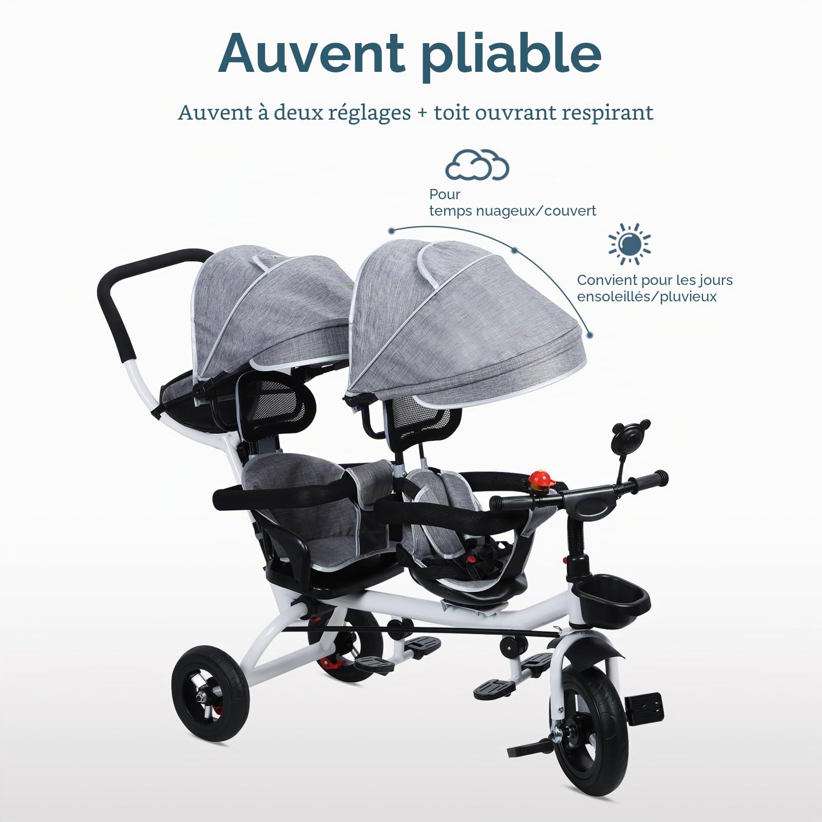 Poussette double tandem tricycle – Siège double avec auvent pour enfants de 2 à 8 ans, poussette double légère et durable pour un transport facile et un confort optimal.