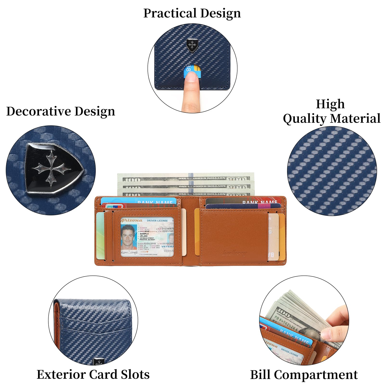 Billetera de cuero para hombre con tarjetero delgado y plegable con bloqueo RFID, bolsillos frontales, carteras minimalistas para hombres con ventana de identificación, Azul lago, Moderno 4