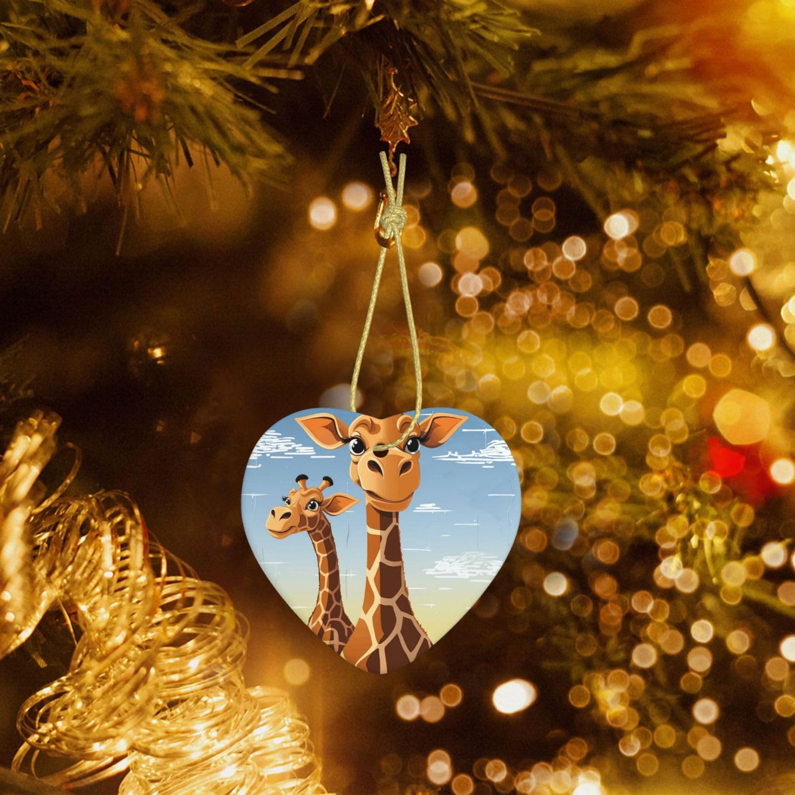Christmas Heart Shaped Ornaments 1 Pcs, Double-Side Ceramic Xmas Tree Hanging Ornament with Gold String Giraffe Personalized Porcelain 2025 Christmas Pendent for New Year Holiday Decoration