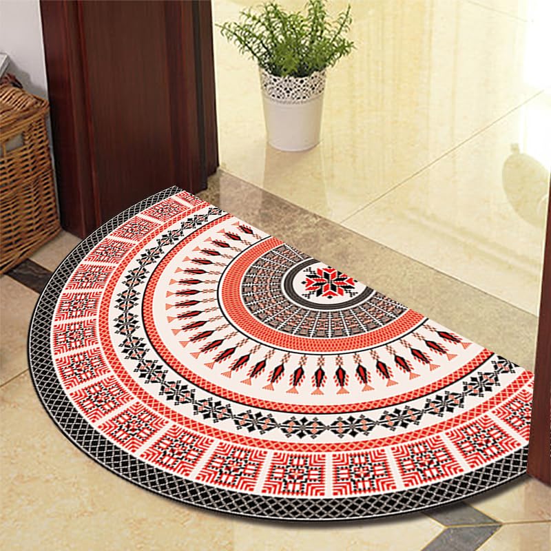Eseriallen Half Round Door Mat Indoor Entrance Washable Half Circle Area Rugs Boho Mandala Non Slip Black Orange Green 625-19 60cm X 100cm