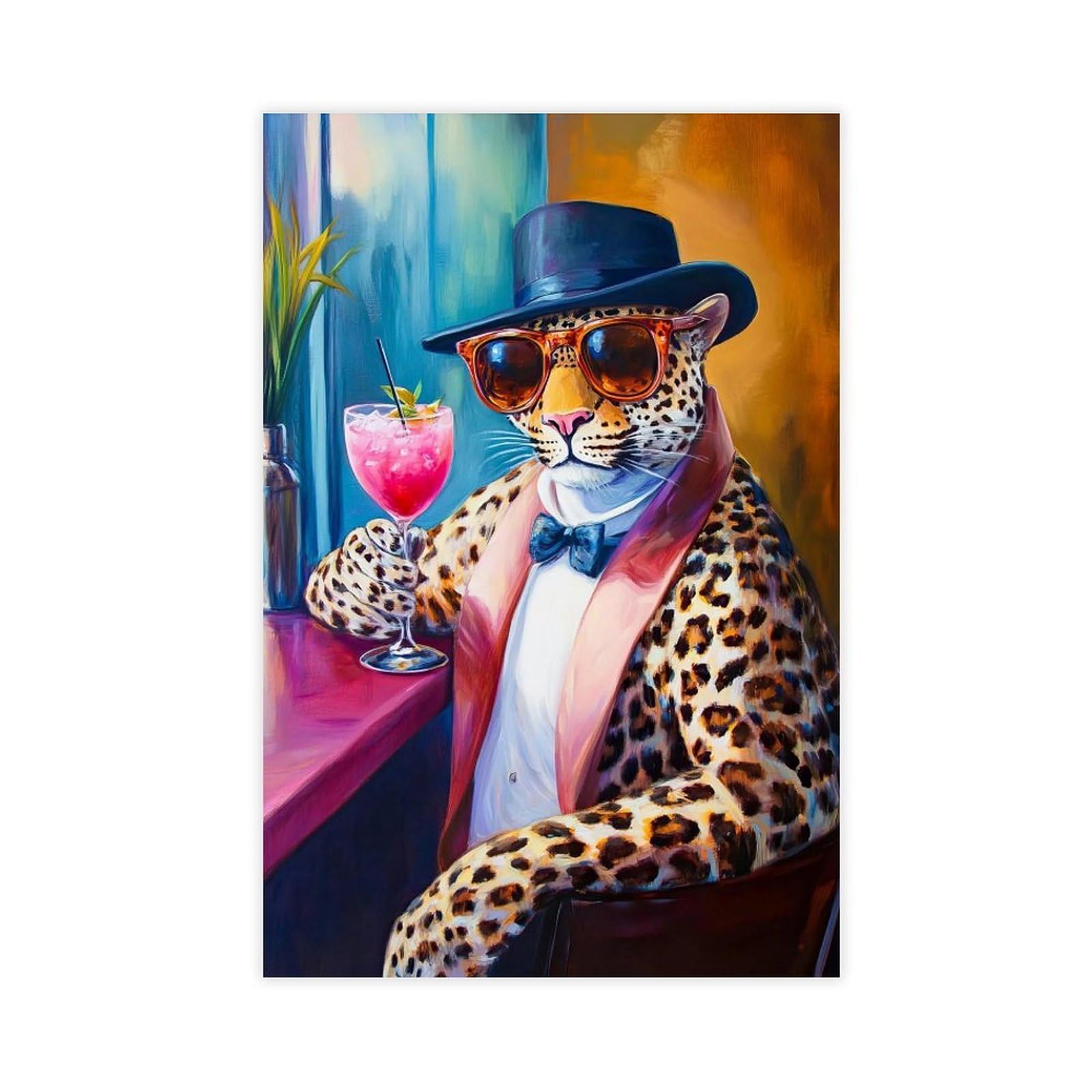 Utgn Retro Leopard Drinking Cocktail Oil Canvas Poster Bedroom Decor Landscape Decor Gift 20X30inch(50X75cm)